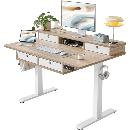 TIQLAB 48 * 28 Inch Standing Desk with Four Drawers, Electric Sit Stand Table, Stand Up Desk Adjustable Height with Storage Shelf, Splice Board, Maple