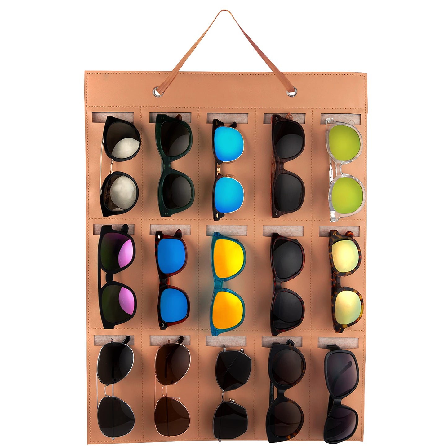 Sunnies Spot! Leather Hanging Glasses Sunglass Wall Holder Organizer With 15 Storage Slots (Brown)