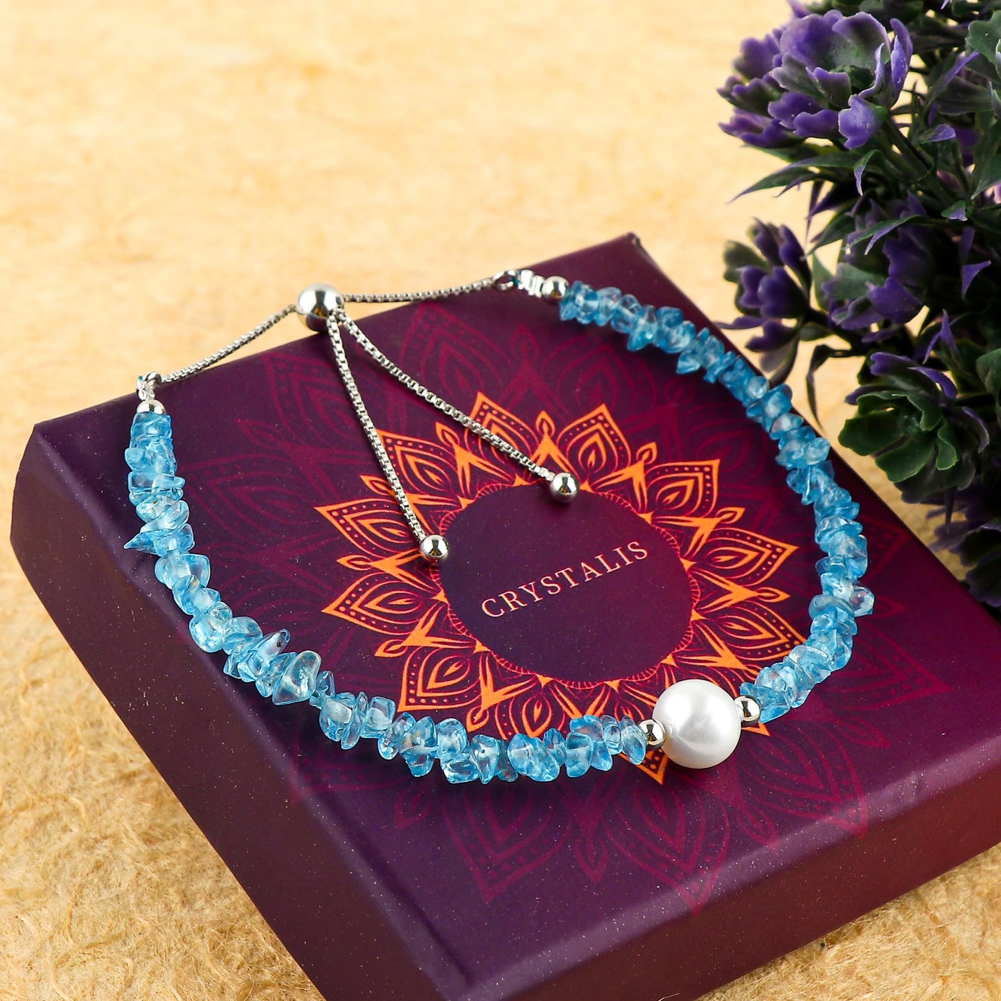CRYSTALIS Natural Swiss-Blue-Topaz Beads Slider Bolo Bracelet with Elegant Pearl, Uncut Chips Nuggets Crystals, Chakra Healing Gemstone, Women Jewelry, 925 Sterling Silver Slider 10 inch