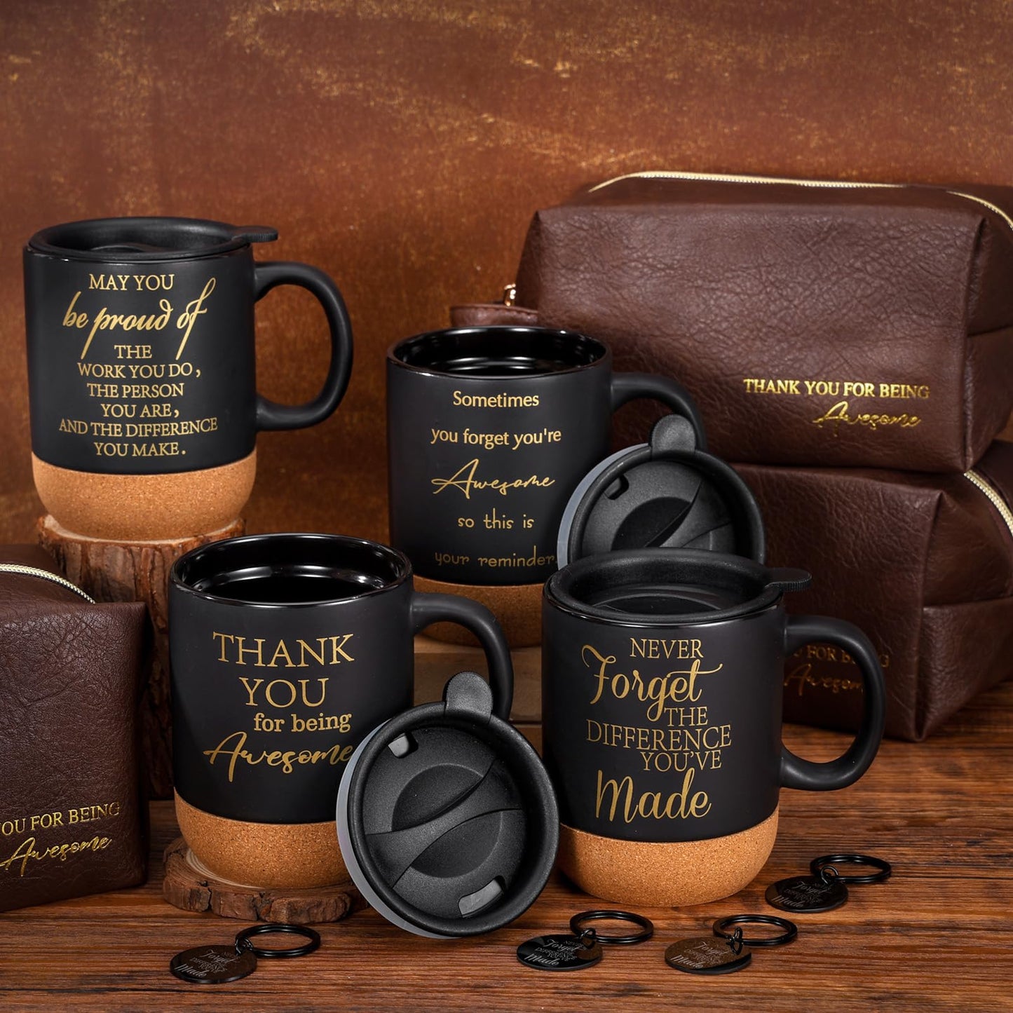 DERTE 12 Pcs Thank You Gift for Men Male Teacher Coworker Employee Appreciation Gift 15 oz Coffee Cup Leather Toiletry Bag Inspirational Keychain Set for Boss Staff Dad Fathers Day Husband Friends