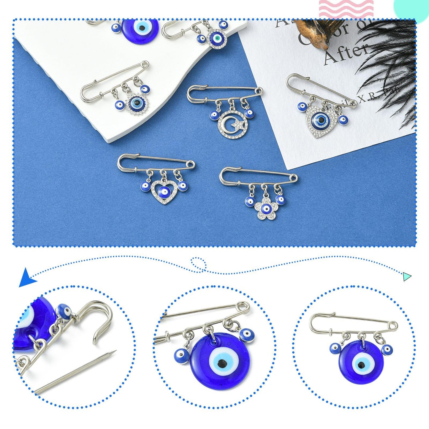 Gythara 7 pcs 7 Styles Blue Evil Eye Theme Alloy Resin Kilt Safety Pins Brooch Turkish Heart Lucky Eye Ball Pins for DIY Jewelry Clothes Scarf Backpack Hat Jackets Craft