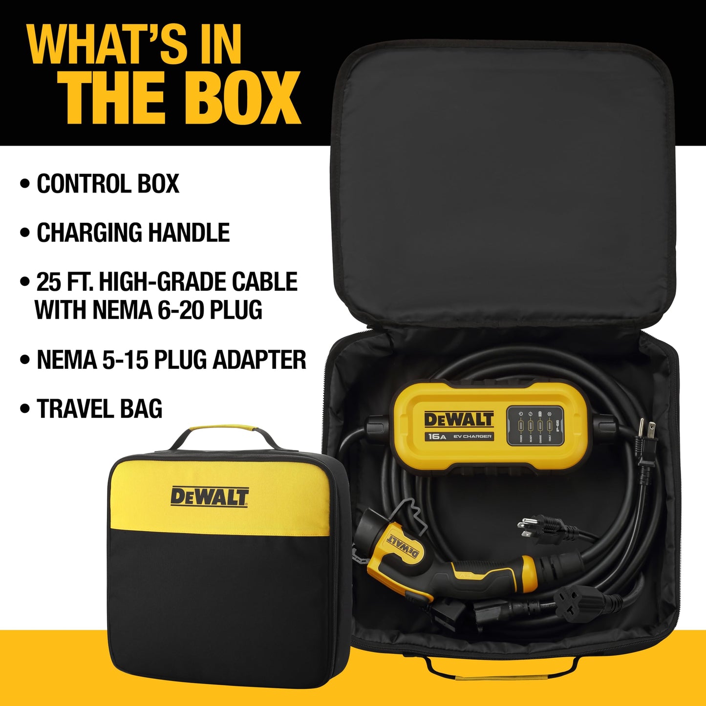 DEWALT Level 1 & 2 Portable Electric Vehicle (EV) Charger, 16 Amps, 120-240V, CSA Certified Indoor/Outdoor, NEMA 6-20 with 5-15 Adapter Included, 25 ft. Cable, 2024 Model