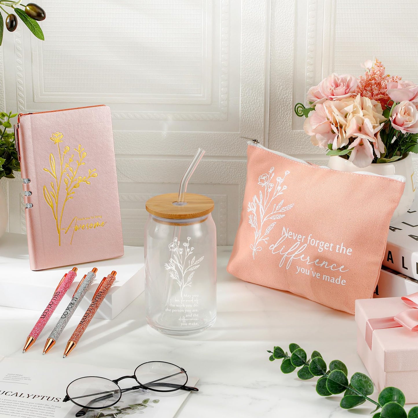 Funnymoom 6 Pcs Appreciation Gifts Set for Women 17oz Aesthetic Glass Tumbler Makeup Bag Journal Ballpoint for Mother's Day Teacher Appreciation 2026 Graduation Volunteer Assistant Secretary Gift
