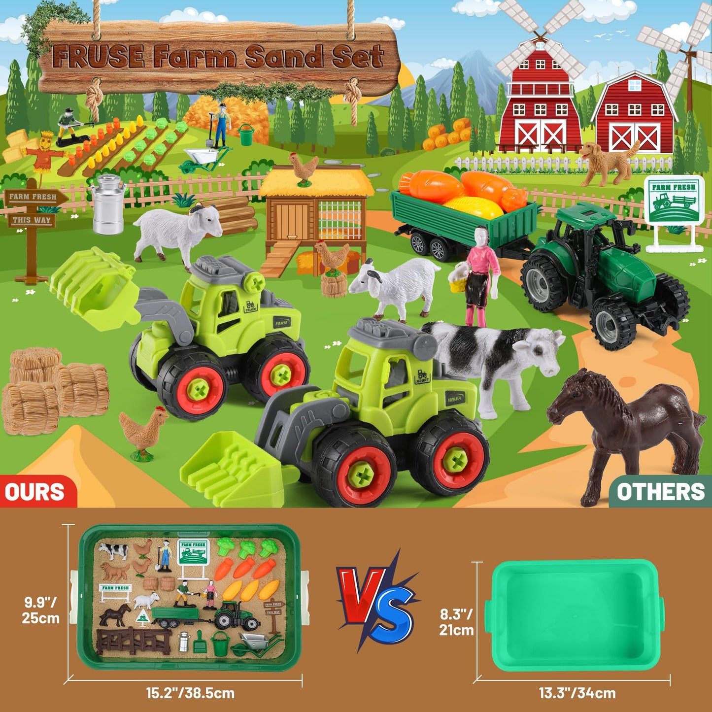 FRUSE Play Sand Farm Toys,Sensory Bins for Toddlers with 2.2lbs Sensory Play Sand,Farm Figures & Tractor Playset,Sandbox Toys for Kids 3 4 5 6 7