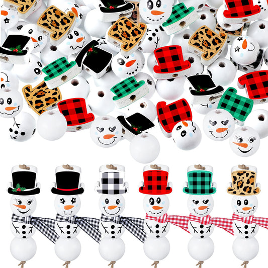 336 Pcs Christmas Snowman Wood Beads Winter Snowman Wooden Beads for Craft Snowman Themed Craft Beads with Rope Ribbon for Jewelry Making DIY Craft Supplies Home Decor