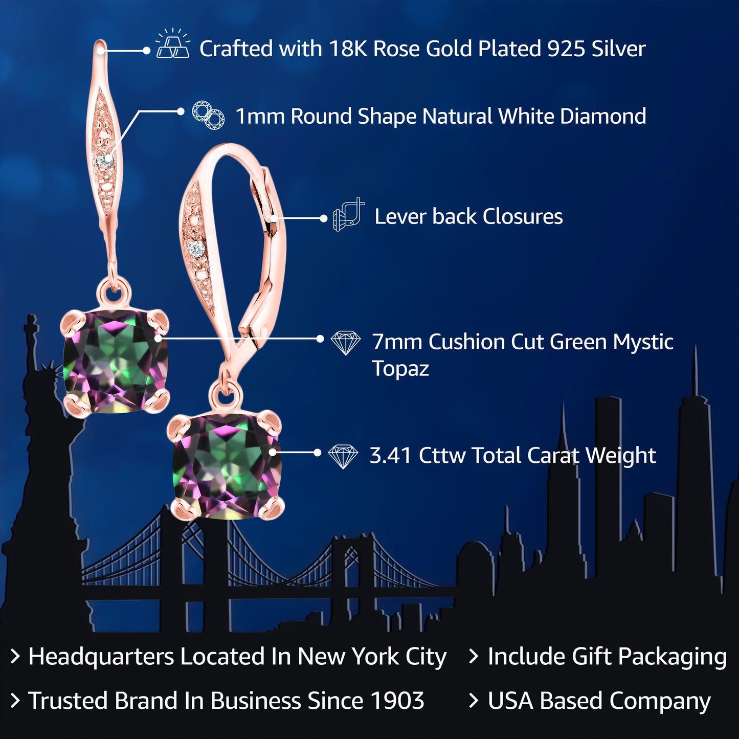 Gem Stone King Drop Dangle Earrings For Women | 7MM Cushion Cut Gemstone Birthstone and Diamond | 925 Sterling Silver | Jewelry Gift for Mom Wife Her | Green Mystic Topaz | Rose Gold