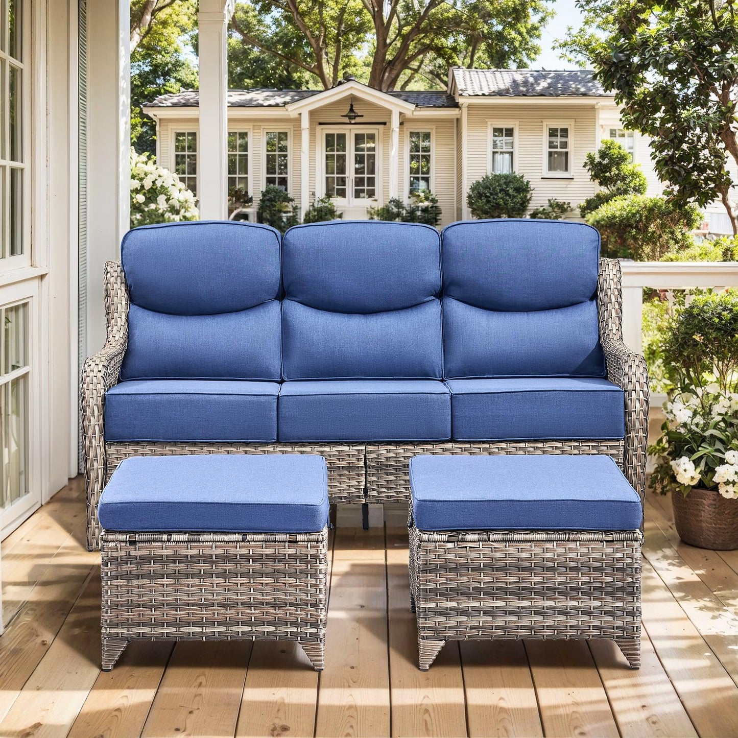 HUMMUH Luxury Patio Furniture Set 6-inch Thick Cushions High Back Swivel Rocker Chairs & 3 Seater-Couch & Steel Fire Pit Table 11 Pieces Outdoor Conversation Set for Porch,Deck,Backyard