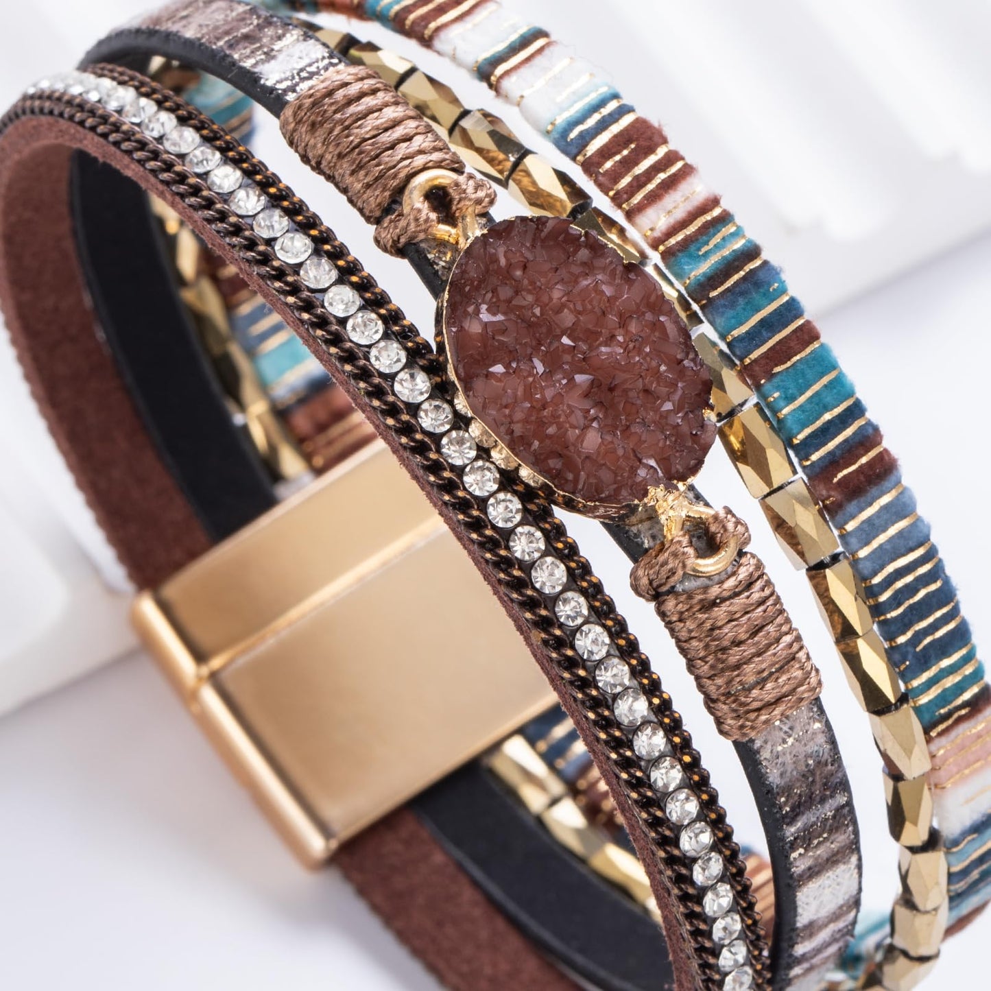 FANCY SHINY Boho Leather Wrap Bracelet Stackable Chunky Crystal Cuff Bracelets with Magnetic Clasp Cowboy Cowgirl Western Summer Beach Outfits Jewelry Gifts for Women (7.7", Boho Brown)