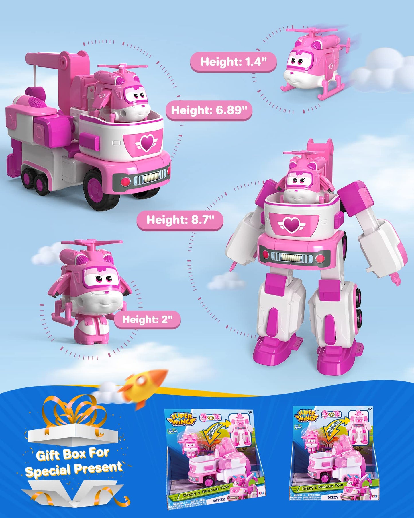 Super Wings - 7' Dizzy's Rescue Tow with 2' Pink Transform-a-Bot Mini Figure,Transforming Airplane Toy Vehicle Set,Toy for 3 4 5 Year Old Boys and Girls,US720314