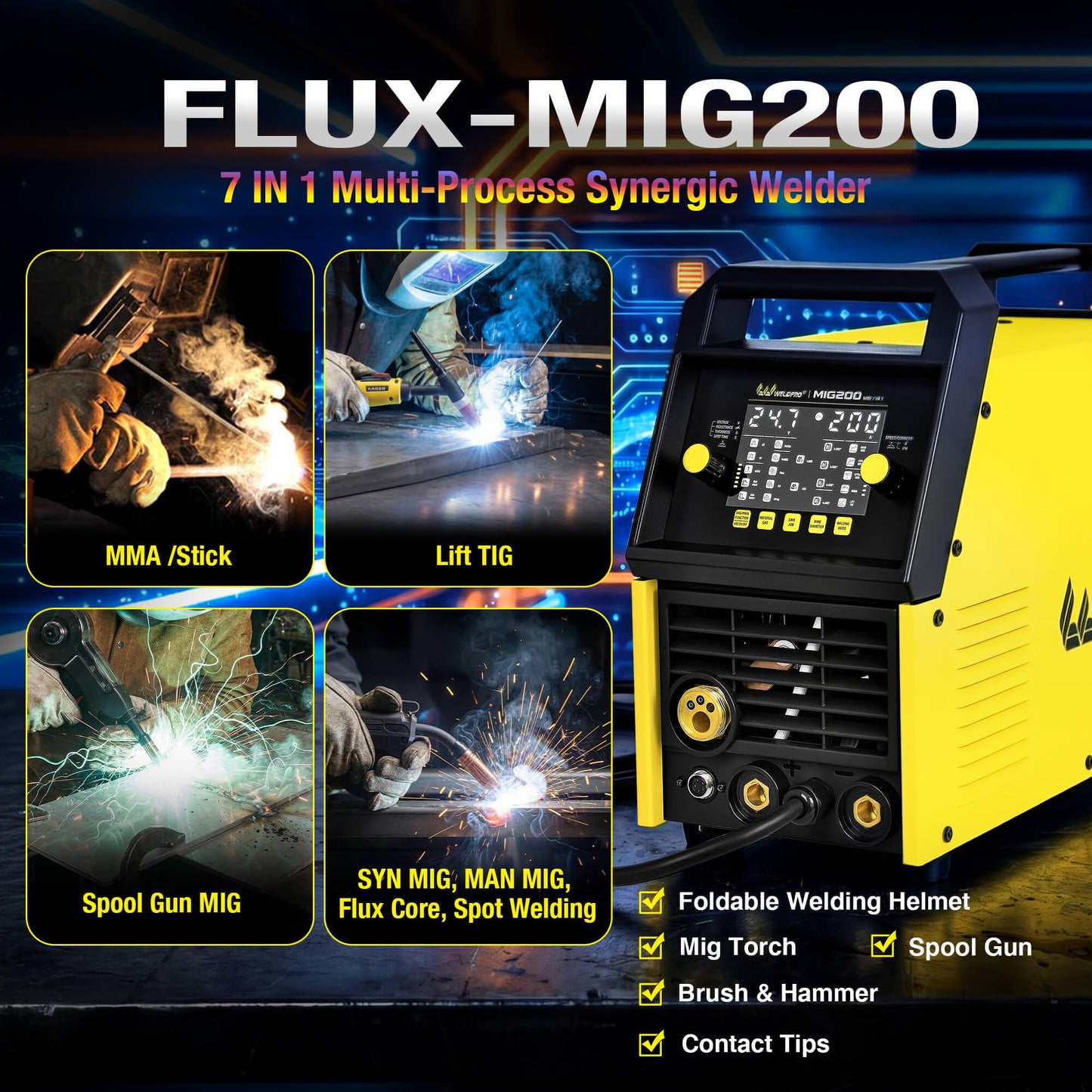 Weldpro 200 Amp MIG Welder, 110/220V 7-in-1 Manual MIG/Synergic MIG/Flux-core MIG/Lift TIG/MMA/Spot/Spool Gun Aluminum Multi-process Welding Machine with Large LED Display, IGBT, 2T/4T, Save Job