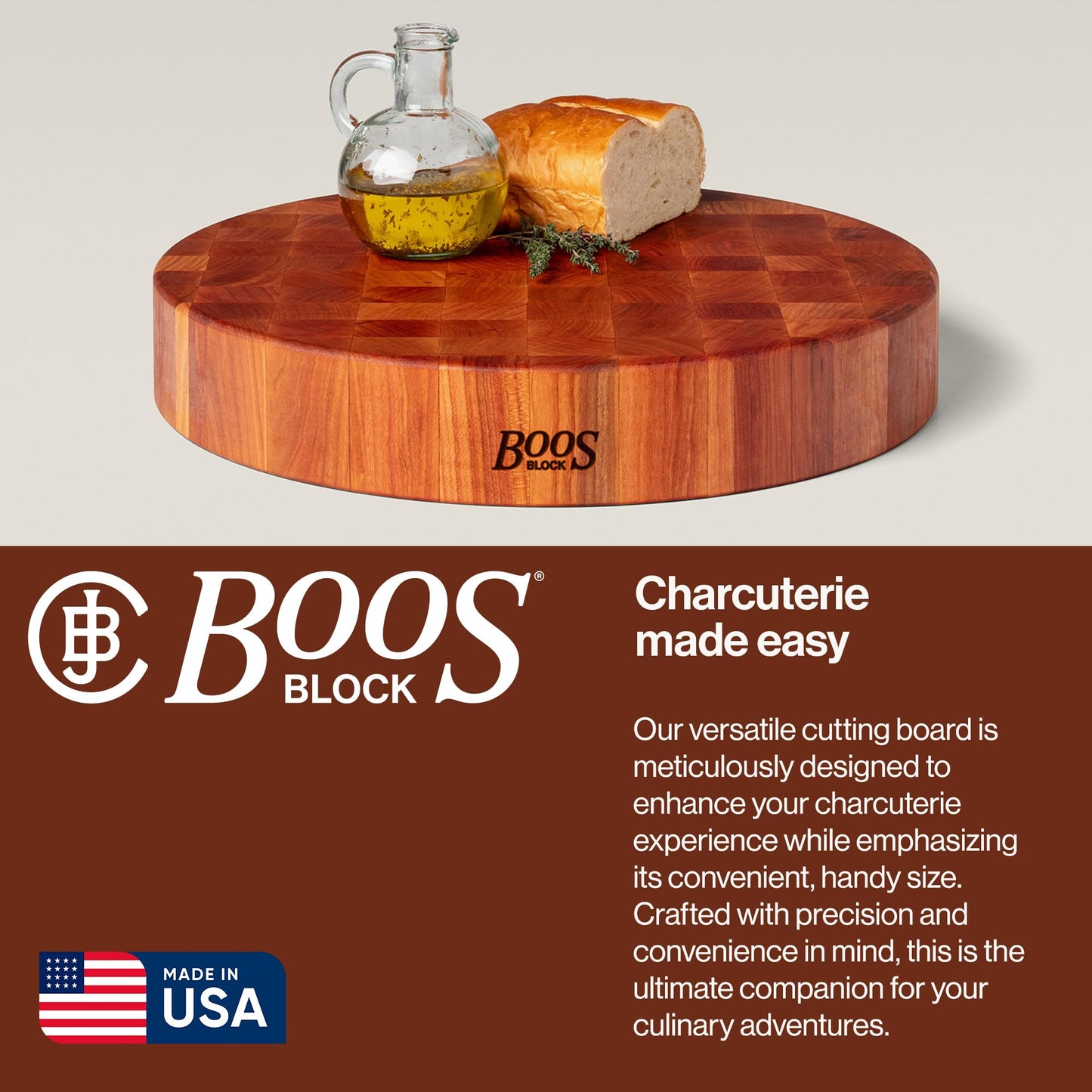 John Boos CCB Series Round Wooden Cherry Cutting Board 18”x18” – 3” Thick, 20-lb Reversible Butcher Block with End-Grain – Made in the USA