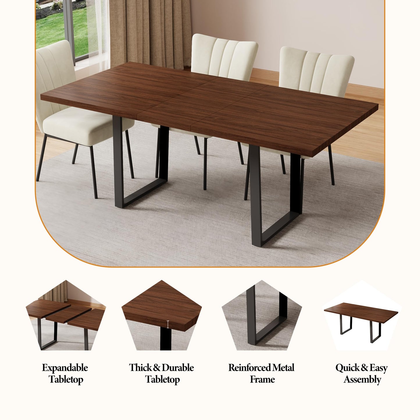 ZckyCine 79" Expandable Walnut Dining Table with 6 PU Leather Chairs, 7-Piece Modern Dining Set, Sturdy Metal Legs, Adjustable 63"-79" Rectangle Table for Kitchen & Dining Room