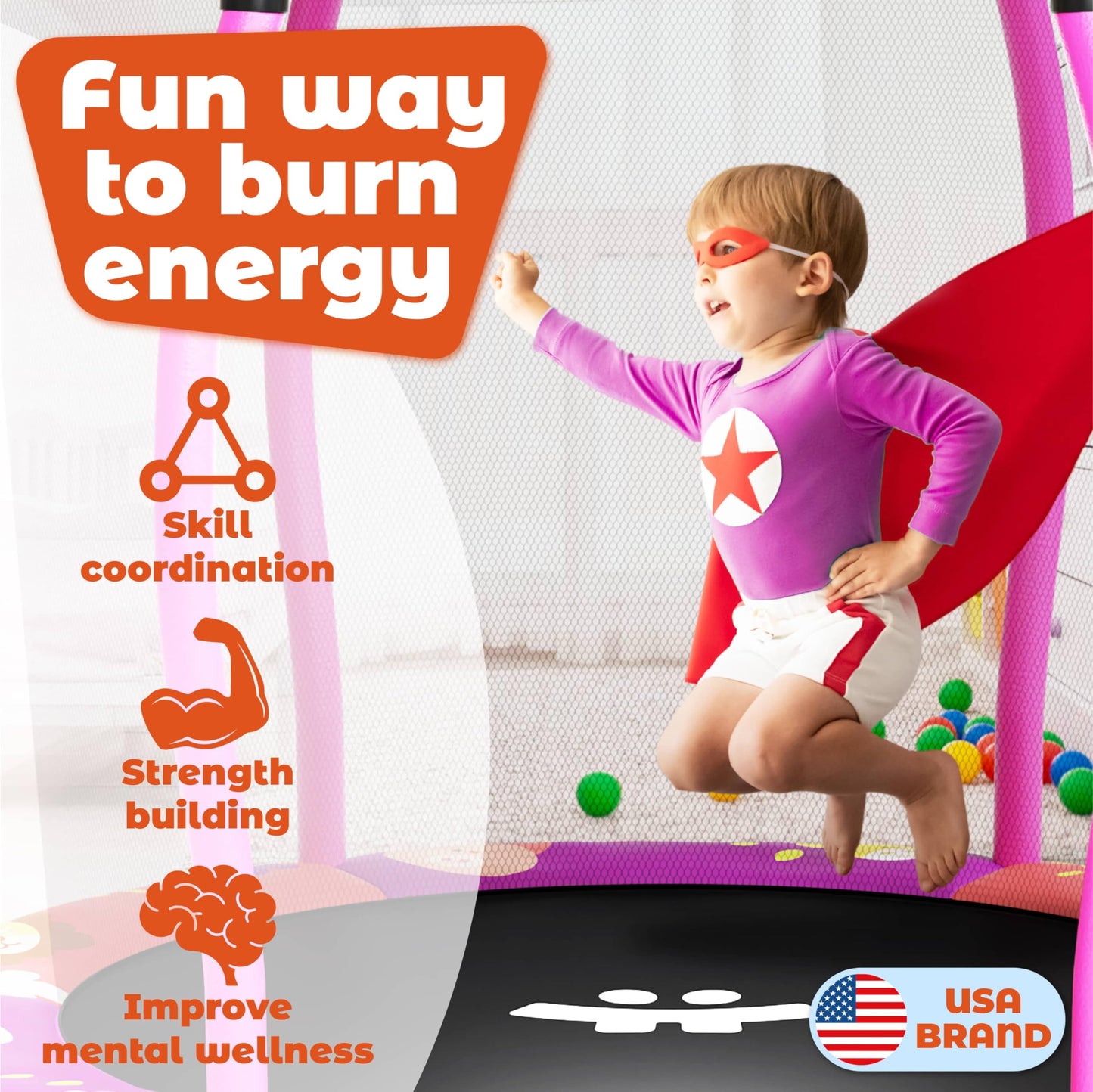 Happin® 55'' Toddler Trampoline Indoor & Outdoor with Safety Enclosure, 5FT Recreational Trampoline for Kids, Ages 1-8 with Basketball Hoop, No-Gap Design, Toddler Gift for Boy & Girl
