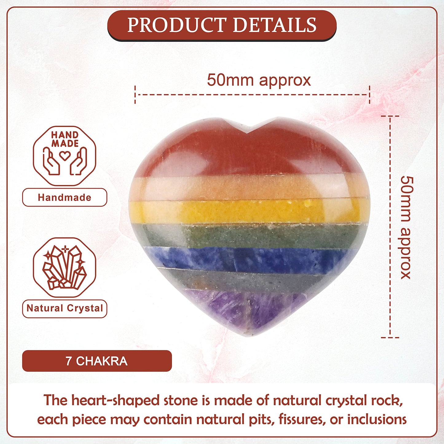Crocon 50mm 7 Chakra Heart Stone Big Heart Shape Puff Stones Set 450+ Carats Pocket Crystal Healing Tumble Collection Palm Worry Stone Good Luck Charm Meditation Gift Craft Home Decor