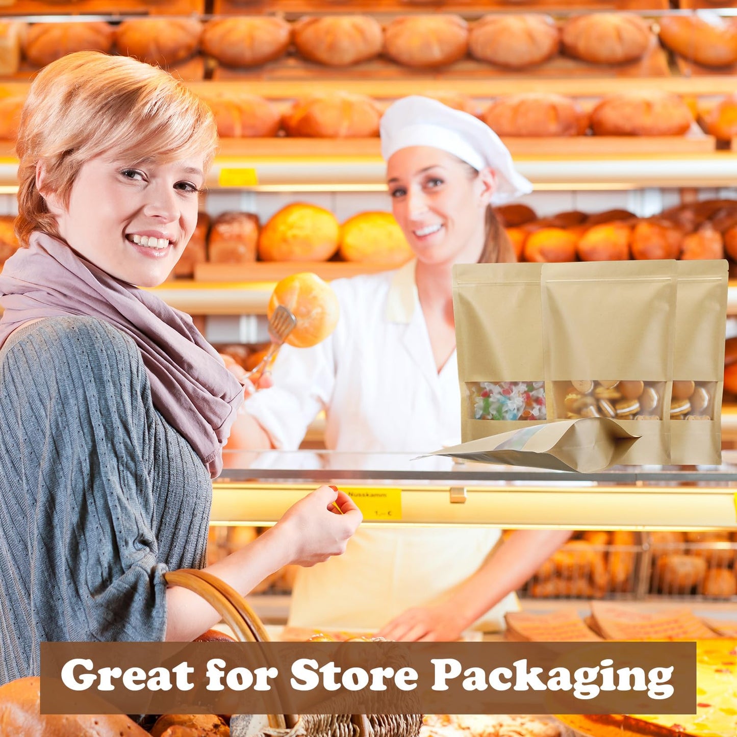 Geosar 150 Pcs Stand up Kraft Pouches with Window 8.5 x 12.5 Inch Kraft Paper Sealable Pouches with Notch Heat Sealable Resealable Bags for Small Business, Zipper Food Storage for Packaging, Snacks