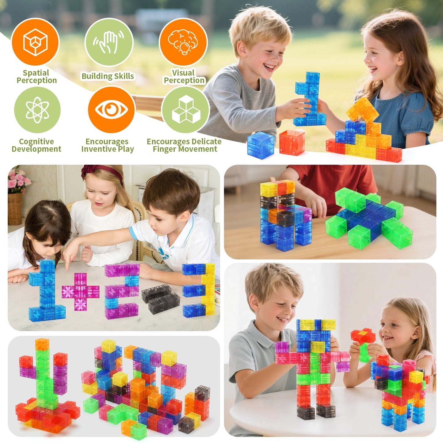 BananMelonBM 100 PCS Magnetic Blocks - Transparent Rainbow Magnetic Cubes Building Toys for Kids Ages 1-3 2-4 4-8, STEM Learning Preschool Educational Sensory Magnet Toys for Boys Girls