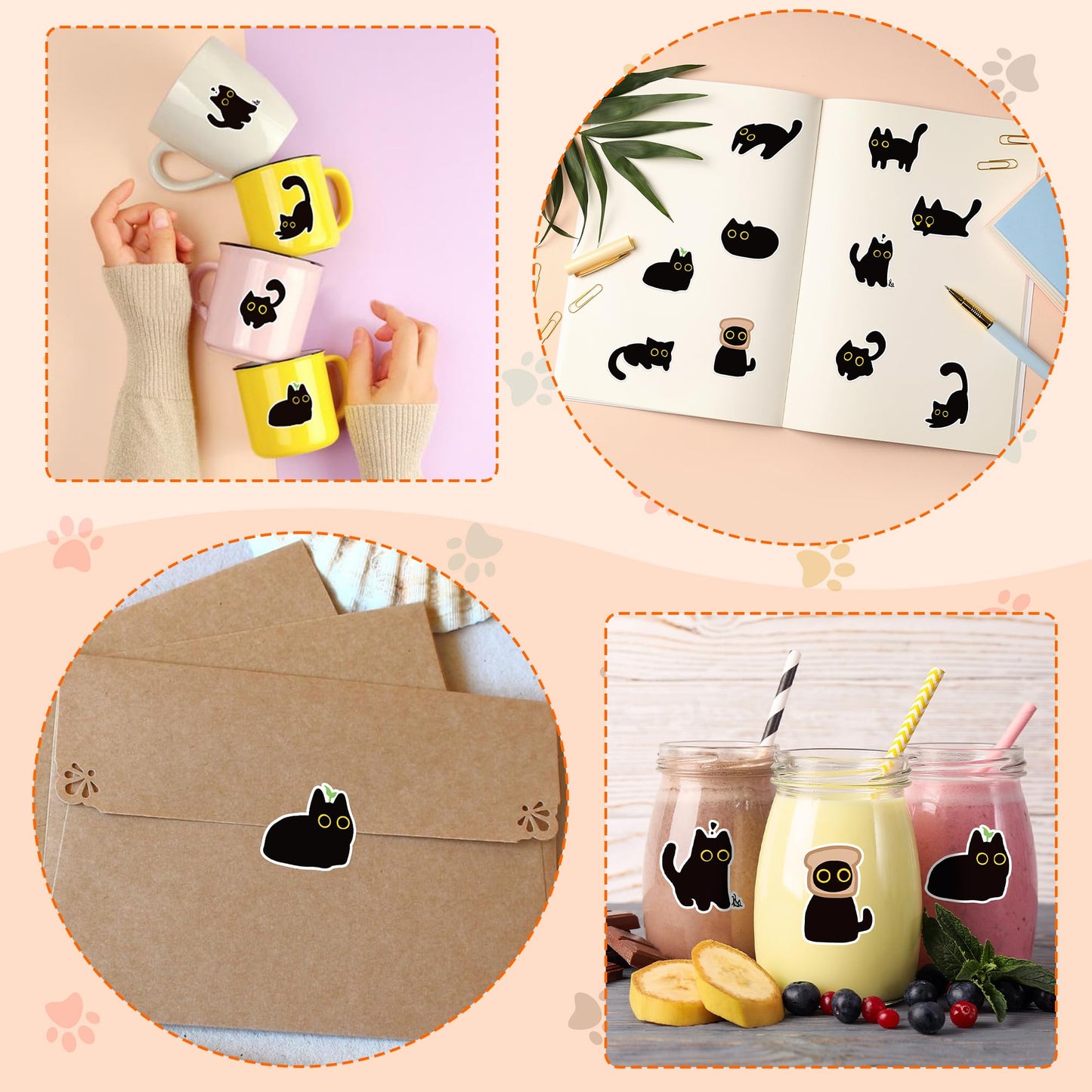 DSjuedui Black Cat Sticker Rolls - 1000Pcs Funny Cartoon Cat Meme 10 Style Stickers Gifts Pack for Kids Teen Adults, Cute Label Decals Crafts for Laptop Guitar Skateboard Home Decor School Rewards