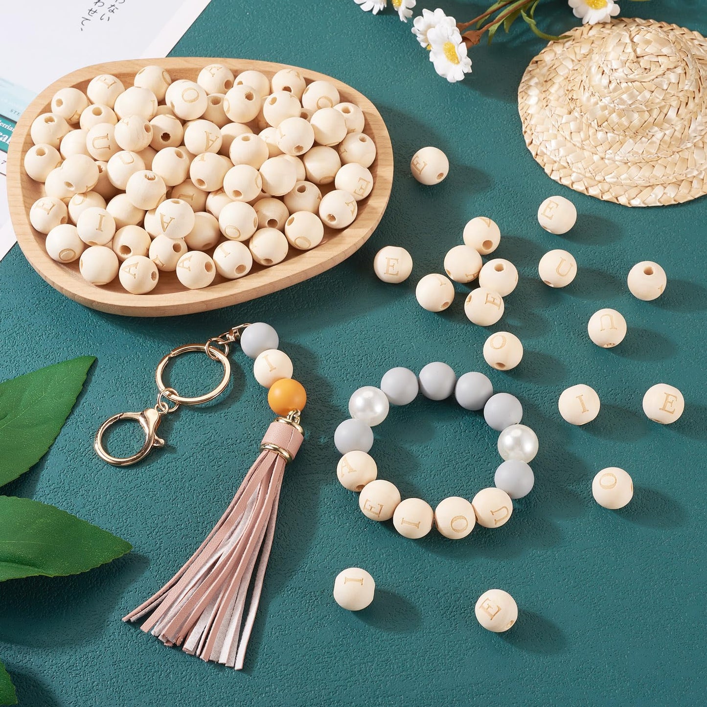 100 Pcs Letter Round Natural Wood Beads 16 mm Wood Letter Beads Unfinished Wooden European Large Hole Beads Garland Macrame Loose Spacer Beads for DIY Craft Bracelet Jewelry Making
