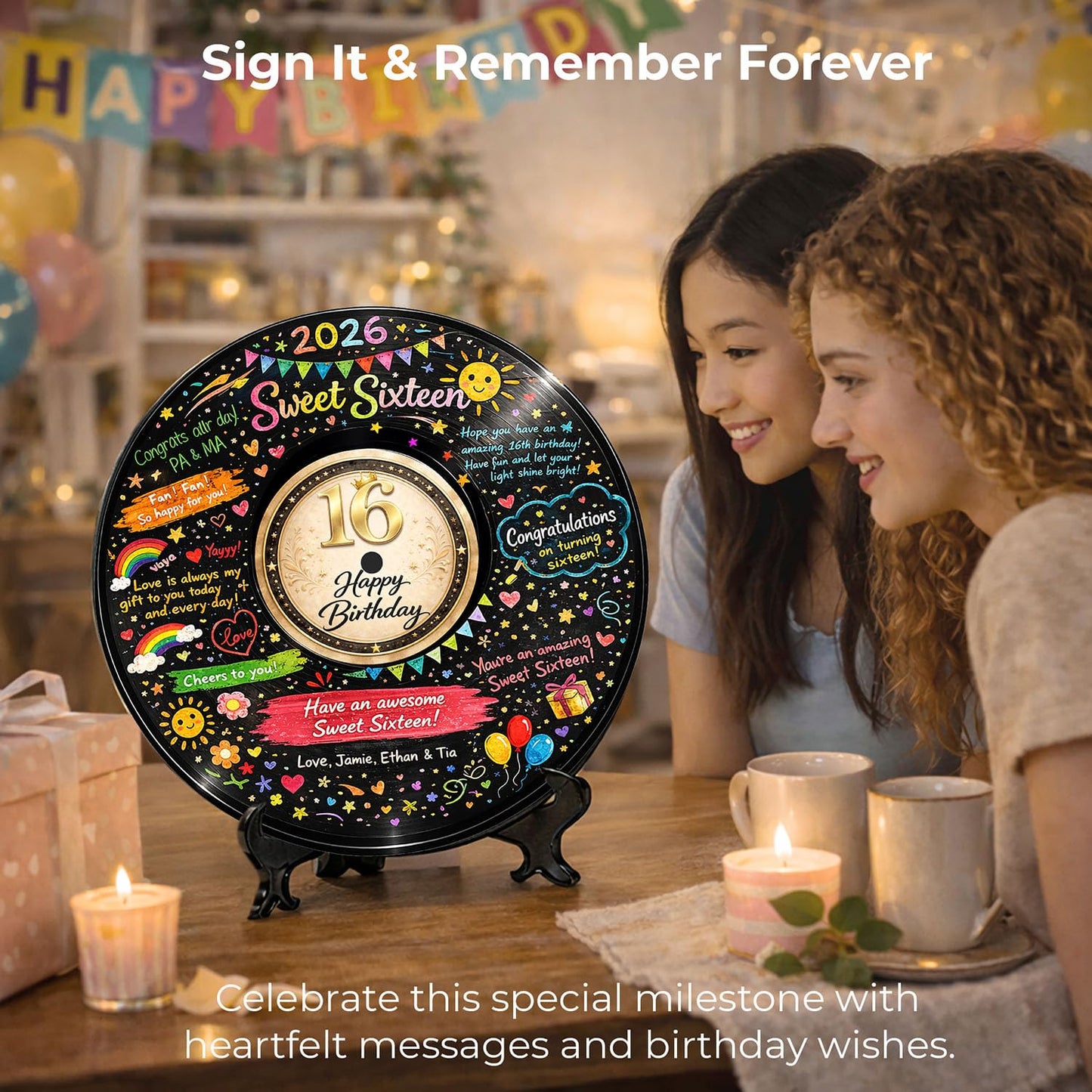 Sweet 16 Party Decorations for Girls and Boys, 11.6 Inch Vinyl Record Guest Book Alternative, 16th Birthday Signature Board with Stand and Pens, 16th Birthday Gifts for Boys Girls