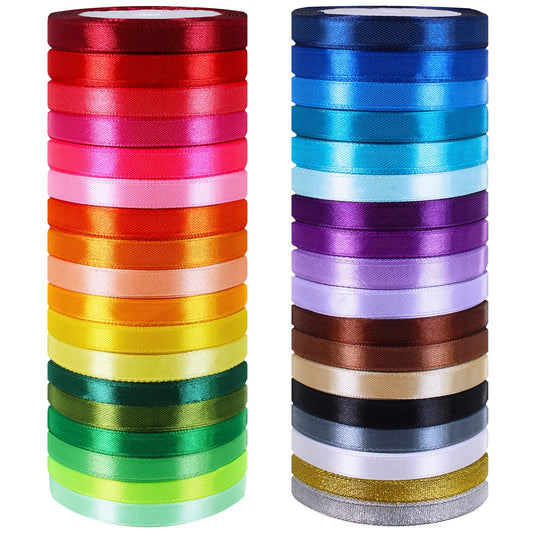 36 Colors 900 Yards Satin Metallic Glitter Ribbons Rolls for Craft, Embellish Decorative Ribbons 2/5" Wide for Floral Bouquet Gift Wrapping Bows Wedding Shower Decoration