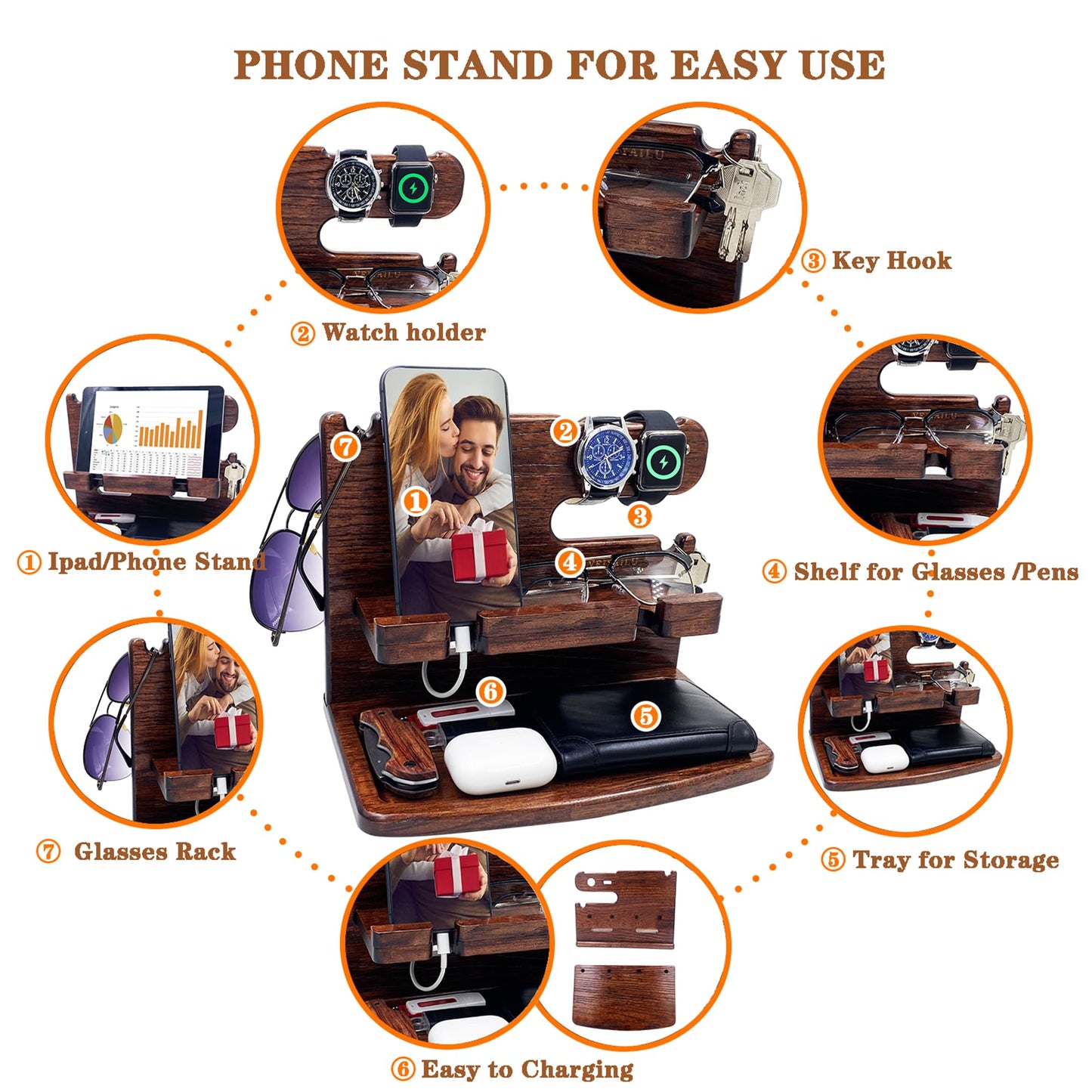 VEIYAILU Gifts for Men Women Dad Husband Boyfriend Wood Phone Docking Station Nightstand Organizer for Men Birthday Gifts (Dark Brown)