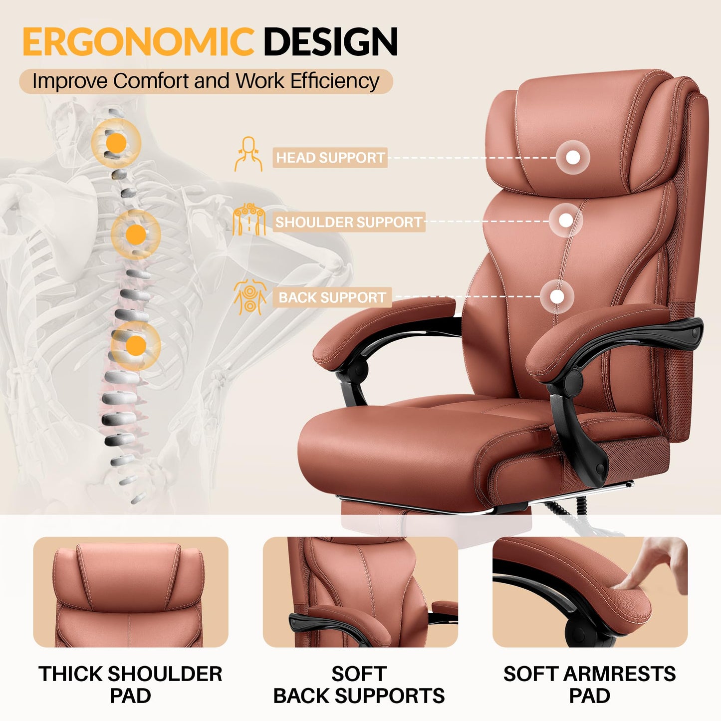 HeroSet Office Chair, Executive Big and Tall Leather Desk Chairs with Footrest, Ergonomic Breathable Computer Chair with Adjustable High Back, Lumbar Support Swivel PC Chairs with Rocking Function