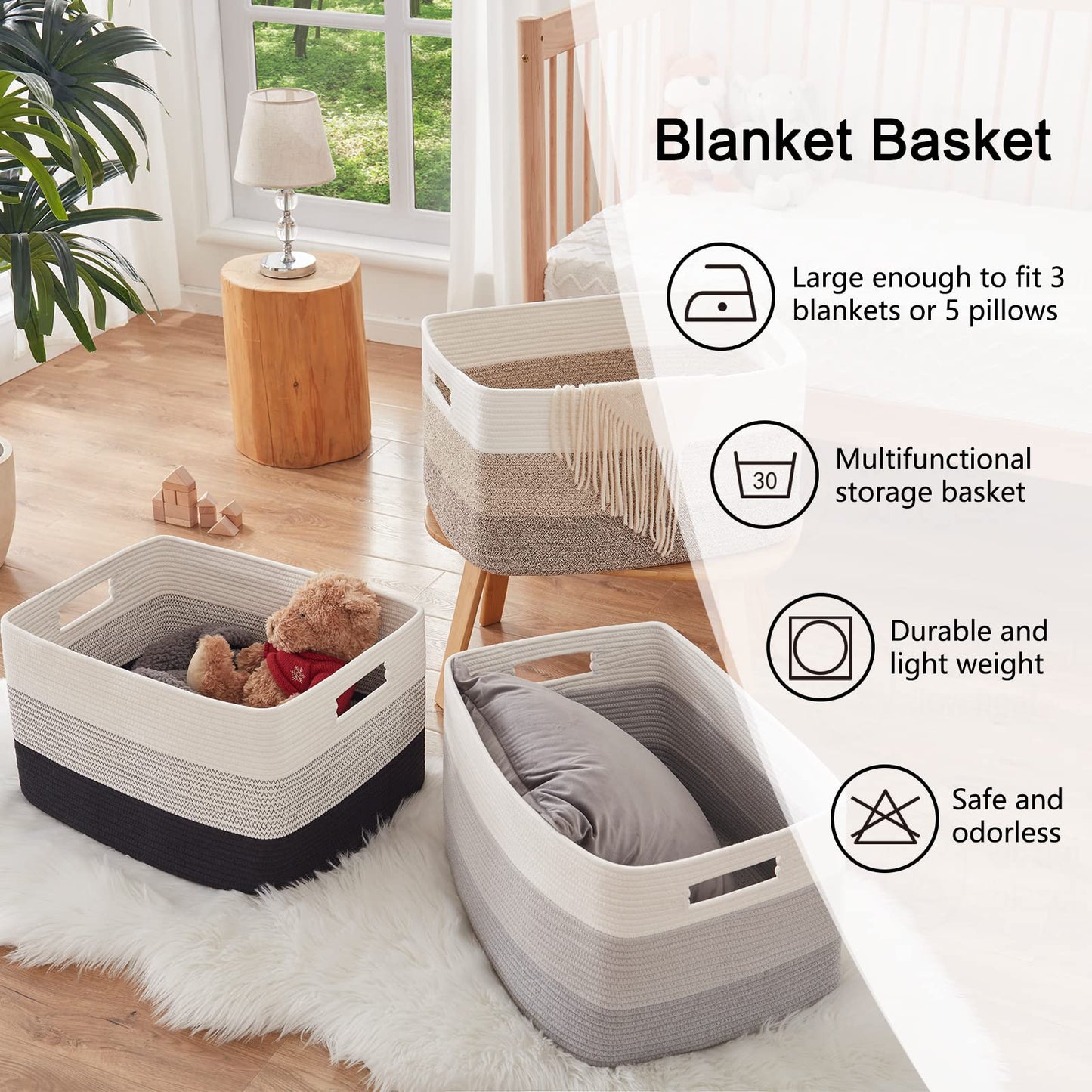 OIAHOMY Large Blanket Basket, 22”x17”x12” Rectangle Woven Baskets, Nursery Blanket Storage Living Room, Toy Storage With Handle, Large Baskets for Organizing-Gradient Yellow