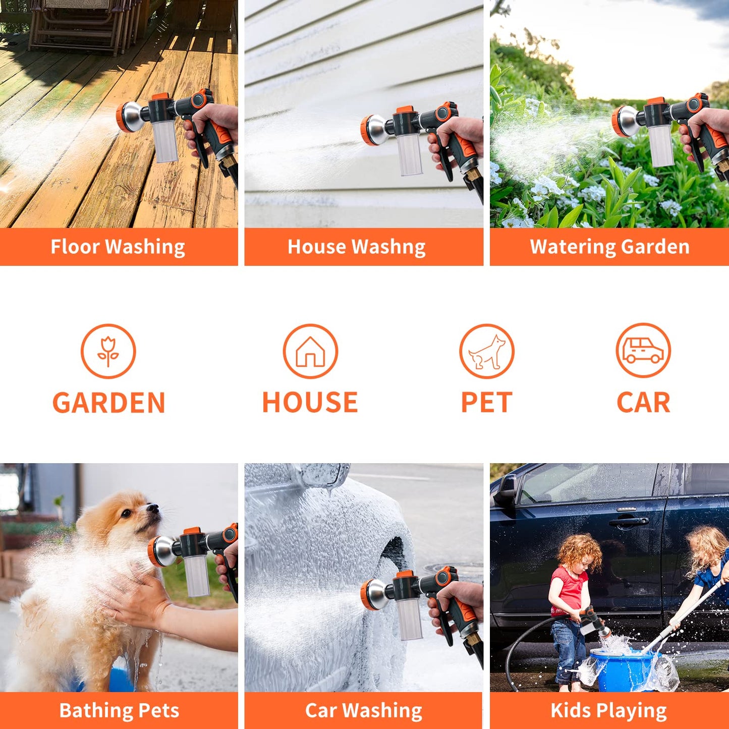 Garden Hose Nozzle,8 Patterns Hose Sprayer High Pressure,Heavy Duty Dog Wash,Metal Water Hose Nozzle with Soap Dispenser,Car Wash Foam Gun with A Car Wash Mitt