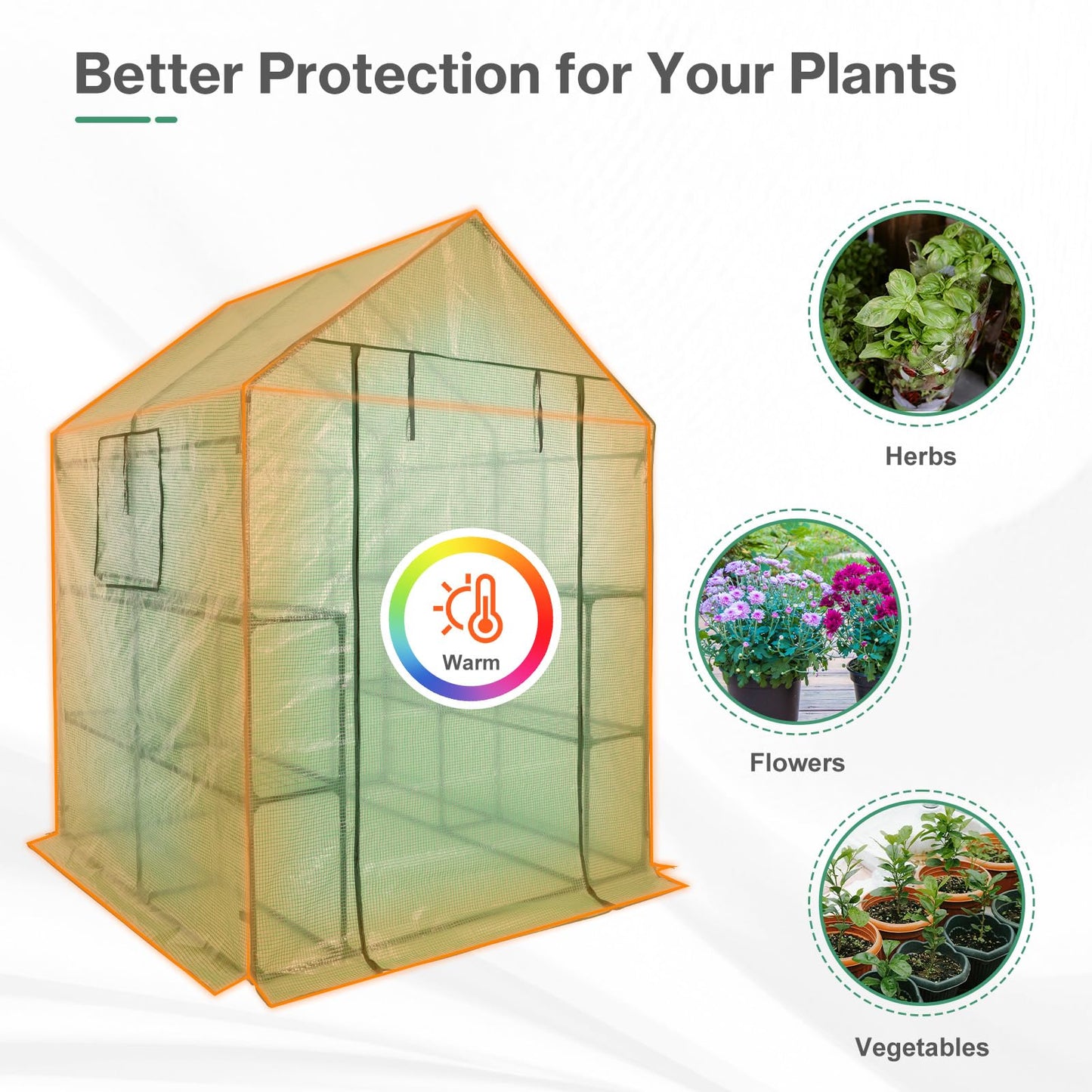 Aoodor Walk-in Greenhouse with 8 Shelves, 4.7 × 4.7 × 6.4 ft Outdoor Garden Plant House with PE Cover for Growing Vegetables, Flowers, Herbs