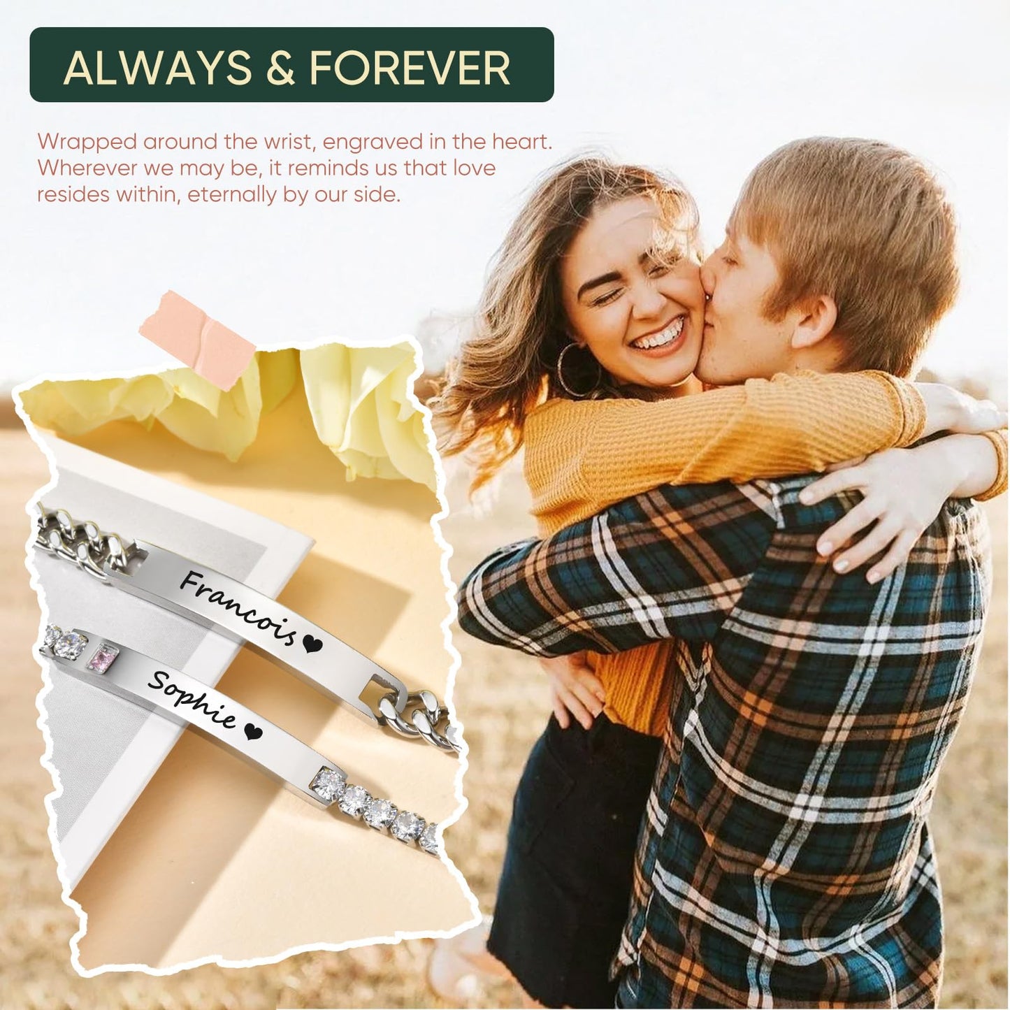 Personalized Matching Bracelet for Couple - Custom Engraving Couple Bracelets,Stainless Steel Long Distance Relationship Jewelry,Promise Bracelets for Him/Her,Valentine's Day Anniversary Birthday Gift