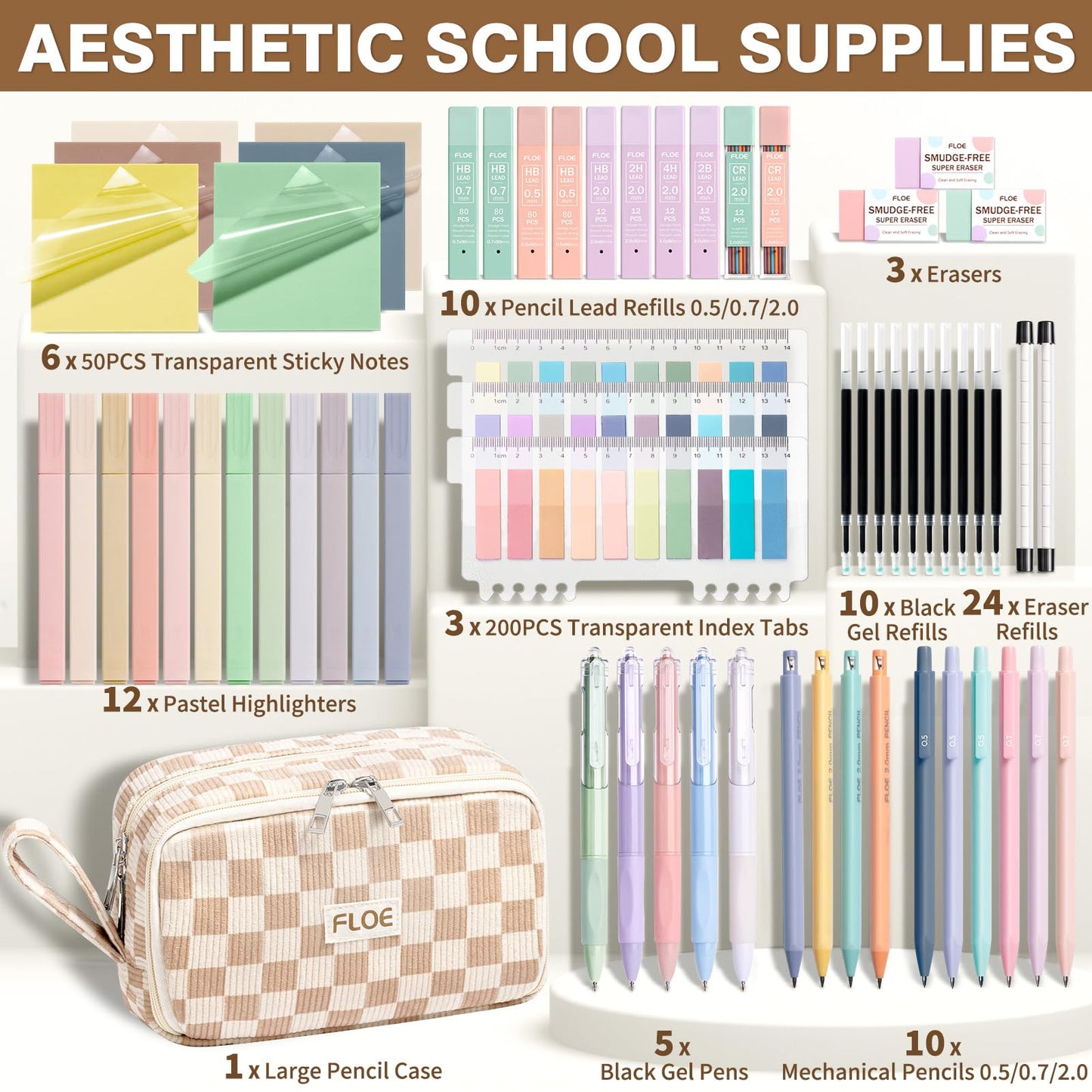 62PCS Aesthetic School Supplies, Cute Back to School Supplies College Essentials Preppy Stationary Set with Large Pencil Pouch Case, Pastel Highlighters Gel Pens Mechanical Pencils for Student Girls