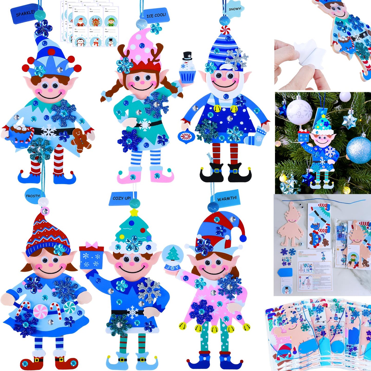 Winlyn 24 Sets Winter Decorations DIY Elf Ornaments Christmas Craft Kits Foam Elf with Snowflake Festive Foam Stickers for Kids Holiday Seasonal Gift Home Classroom Activities Party Favors