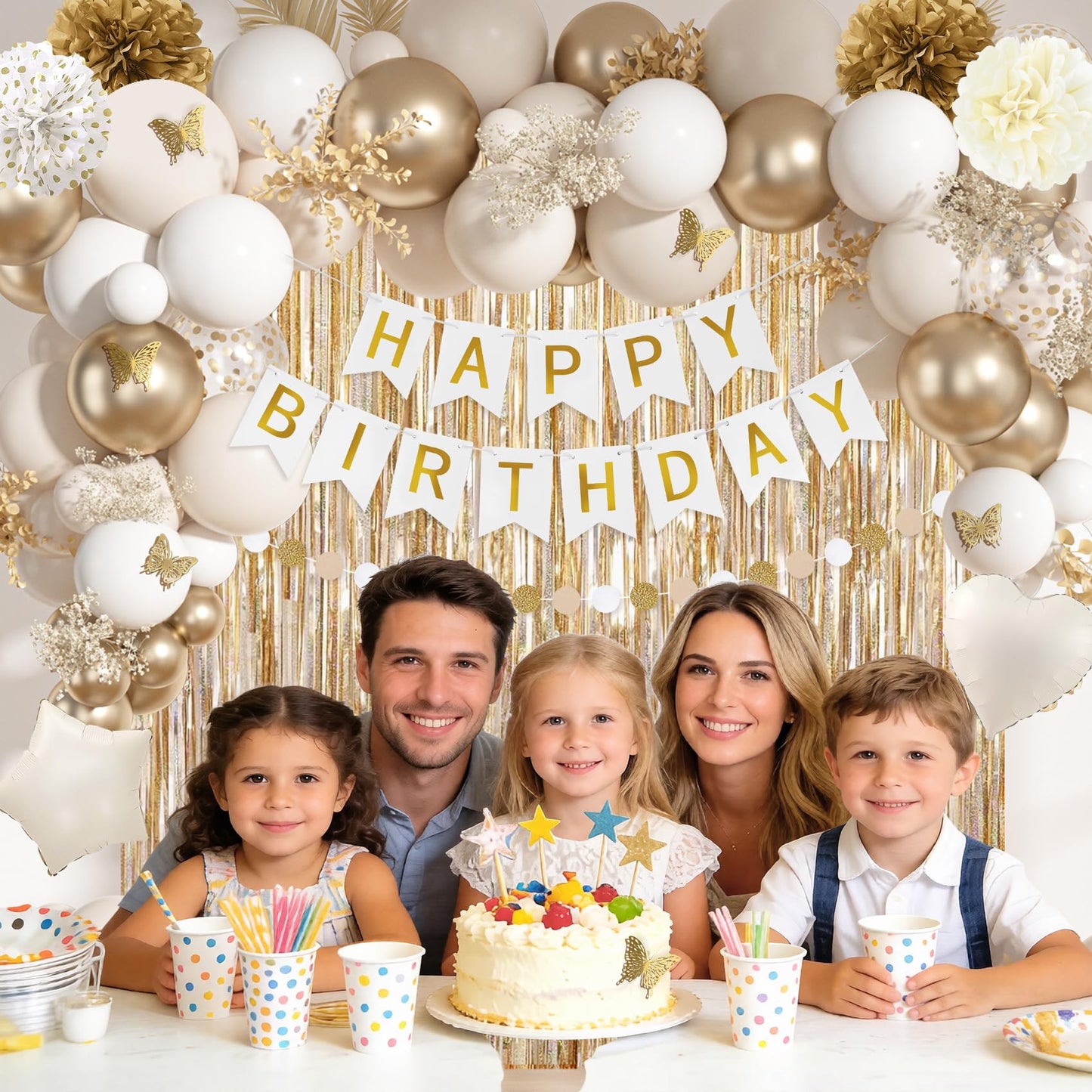 Ouddy Life White Gold Birthday Party Decorations Kit for Women Girls, Happy Birthday Banner, Sand White Metallic Gold Foil Confetti Balloons, Fringe Curtain, Cake Topper, Pompoms, Butterfly Supplies
