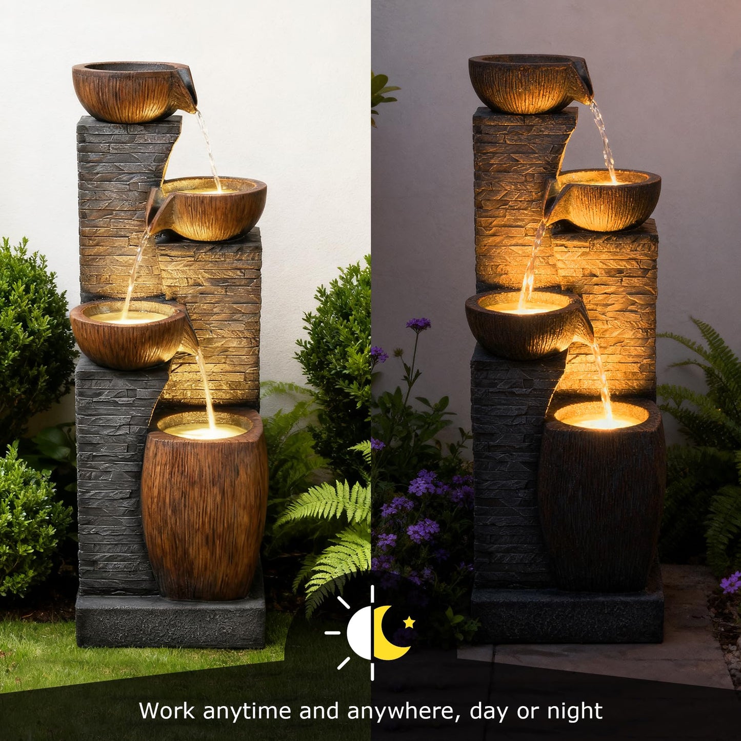 Pivotify 38.2" Tall Water Fountain Outdoor Garden,4 Tiers Modern Cascading Bowls and Stacked Stones Indoor Fountains with LED Lights for Garden, Patio, Deck, Porch, Backyard and Home Art Decor(Grey)