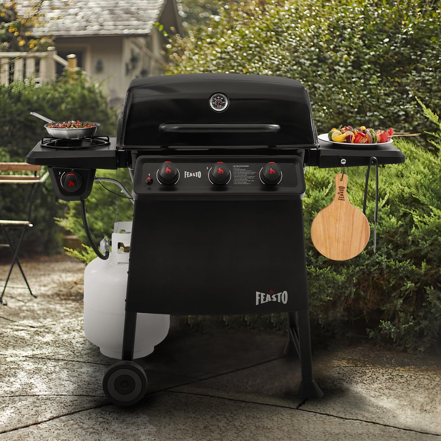 Feasto 3 Burner Propane Gas Grill with Side Burner, Porcelain-Enamel Main Body and Lid, Propane BBQ Grill with 38,000 BTUs Output & Side Table for Patio, Backyard, Poolside Gatherings