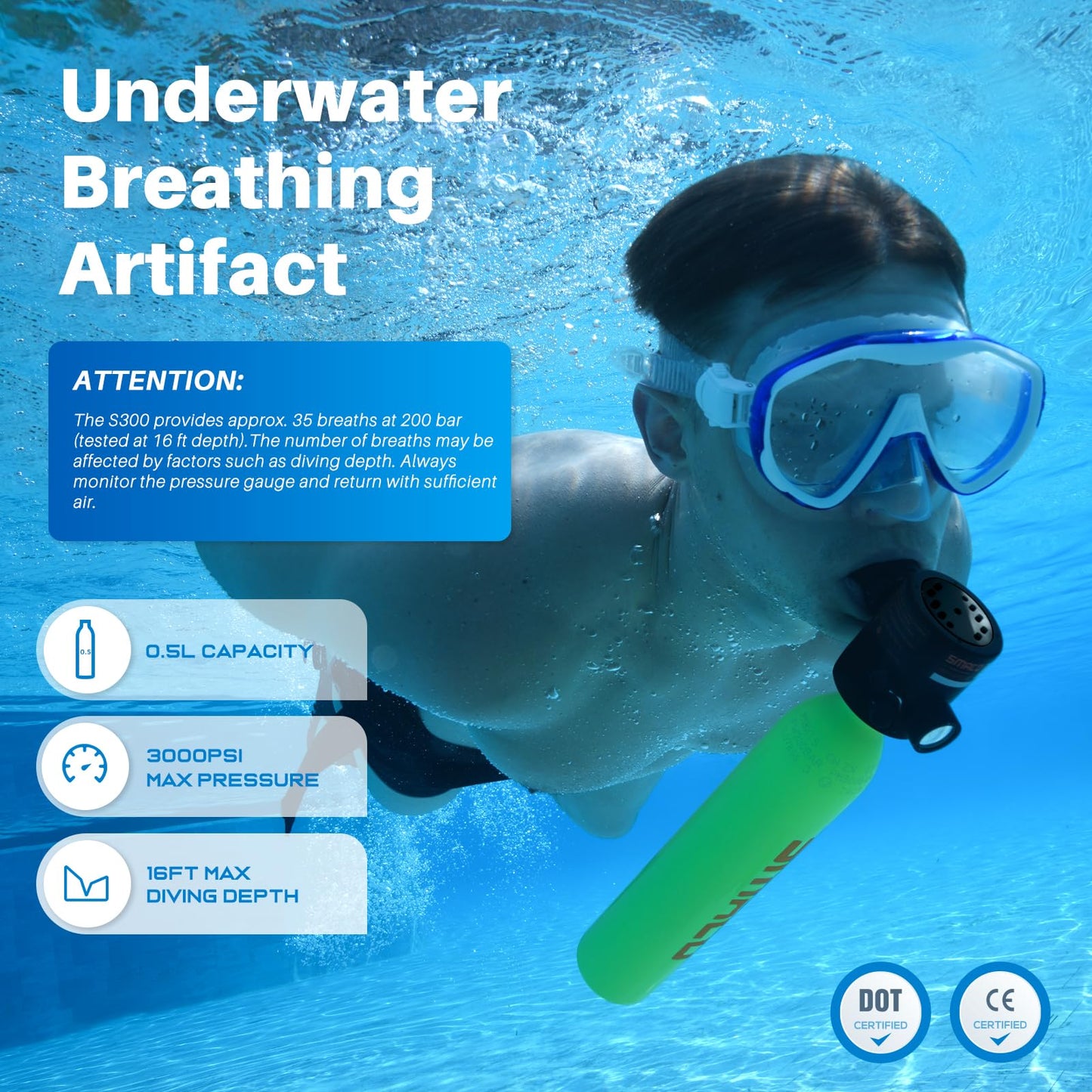 SMACO Mini Scuba Tank 0.5L Portable Small Diving Tank for Underwater Breathing Reusable Diving Cylinder Lung Air Tank for Emergency Rescue Boat Cleaning Backup Air Source Pony Bottle S300 C Green