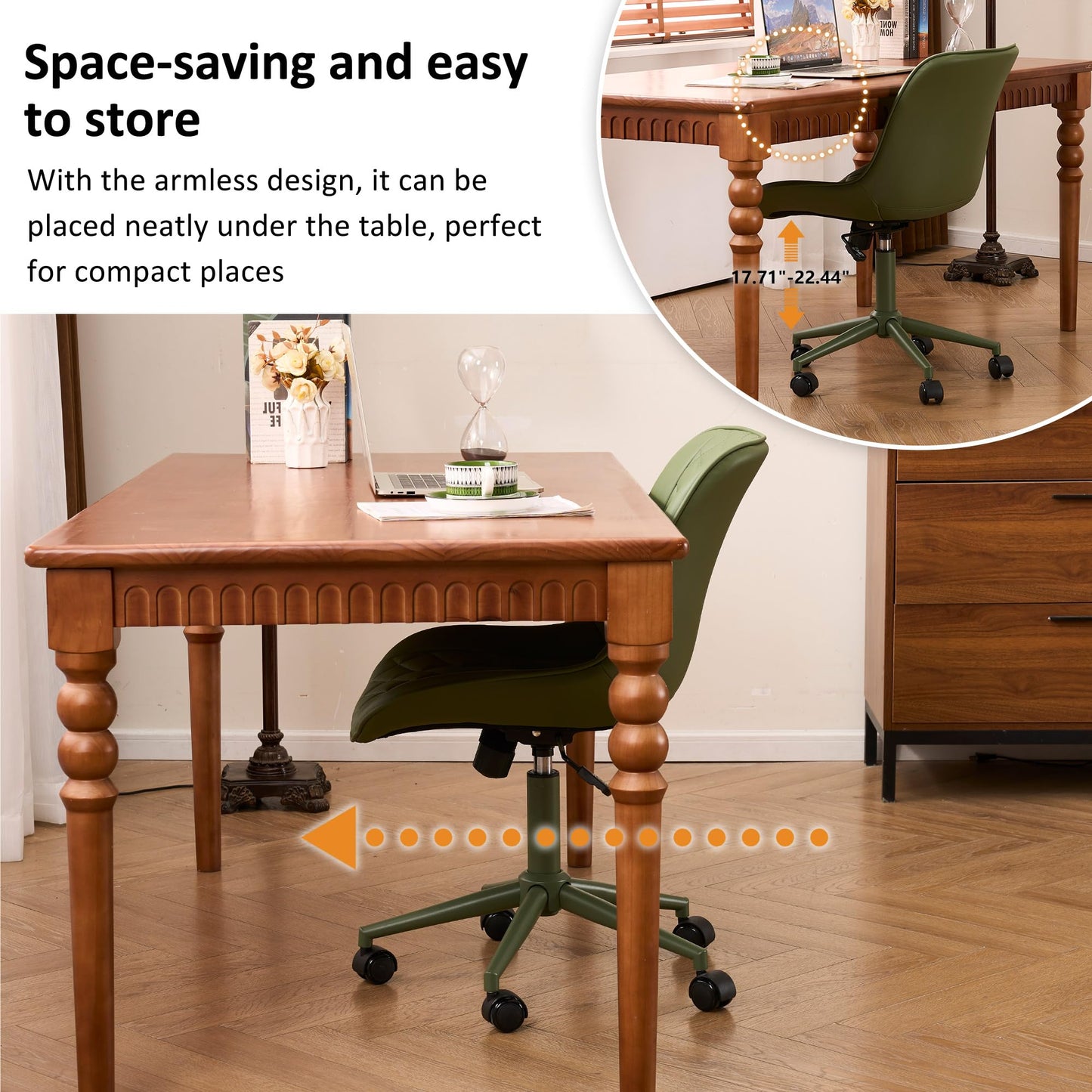 YOUNIKE Home Office Desk Chair with Wheels Armless Vanity Chair with Back Comfy Modern Leather Upholstered Rolling Task Chair Swivel Small Cute No Arms Wide Adjustable Ergonomic All Green