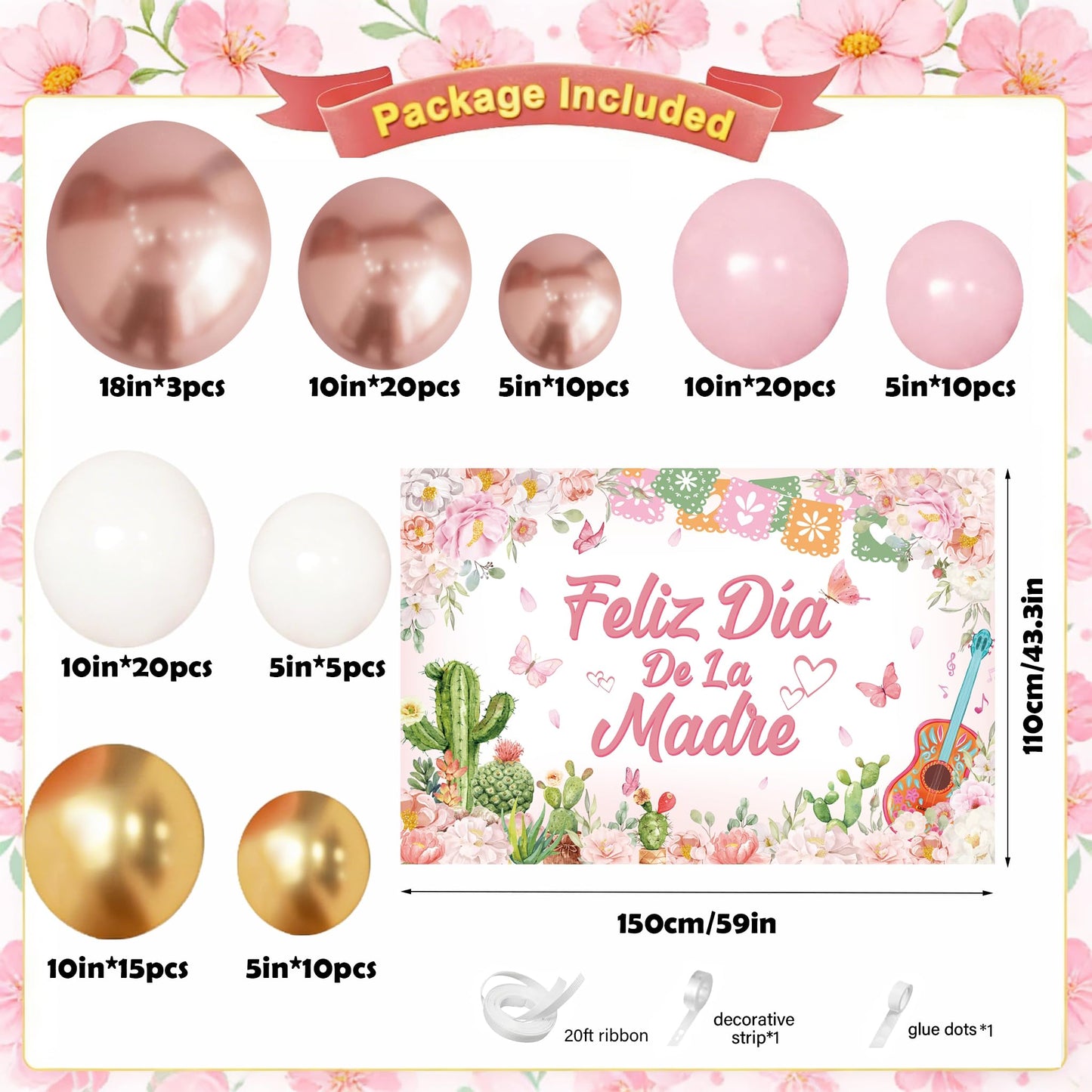 Feliz Da De La Madre Balloon Arch Kit 115 Pcs Mexican Mother's Day Balloon Garland Kit Rose Gold Pink White Balloons with Banner for Best Mom Ever Mothers Day Party Supplies