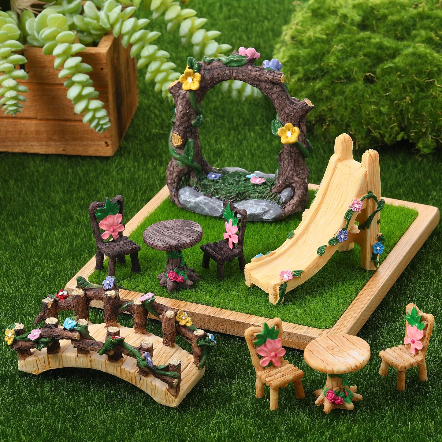 9 Pcs Fairy Garden Accessories - Miniature Garden Kit Landscape Decorations Table and Chairs Set Fairy Garden Furniture Ornaments Bridge Flower Slide Figurine for Terrarium Potted Plants, Dollhouse