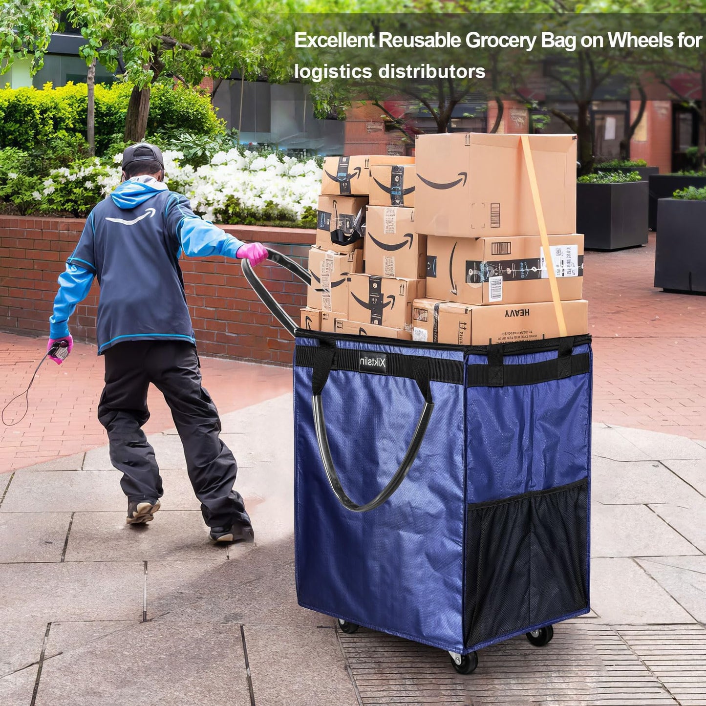 (Medium, Navy) Reusable Grocery Bag on Wheels, 70L Foldable Rolling Tote, Carries Up to 66 lbs Shopping Trolley, Zipper Clouser Shopping Carts for Trips, Laundry, 4 Heavy Duty Wheels and 3 Handles