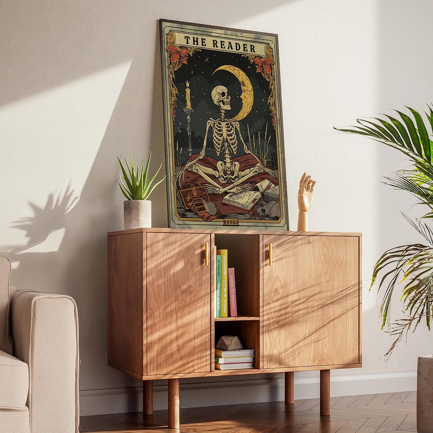 Tarot card wall art Skeleton Reader Tarot Picture Decor Library Reading Room School Decor Book Lover Witchy Gothic Halloween Canvas Paintings Gifts for Readers Book Lovers Gifts 16x24inch Unframed