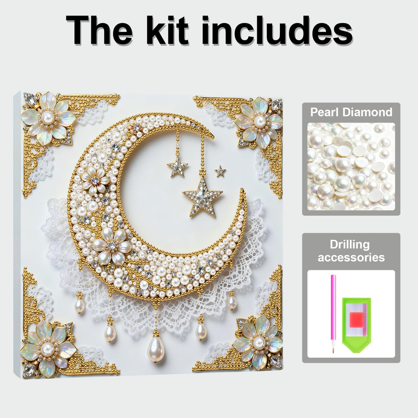 yzARTche Diamond Art Pearl Painting Kit, DIY Pearl Art Painting with White Frame, Handmade Gem Dot Picture Craft for Home Wall Decor Present Set-04-Moon