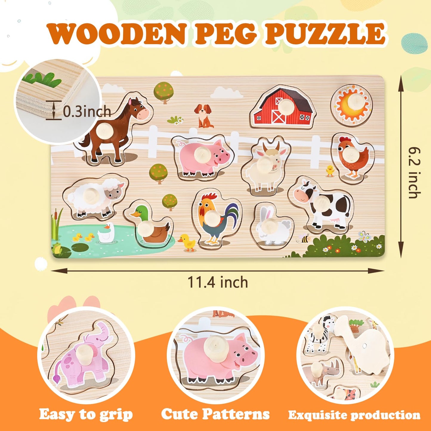 WoodTrove Wooden Peg Puzzles for Toddlers 1-3, 2 Pcs Montessori Puzzles, Zoo & Farm Animal Puzzles, Great Preschool Educational Learning Gifts for Girls and Boys