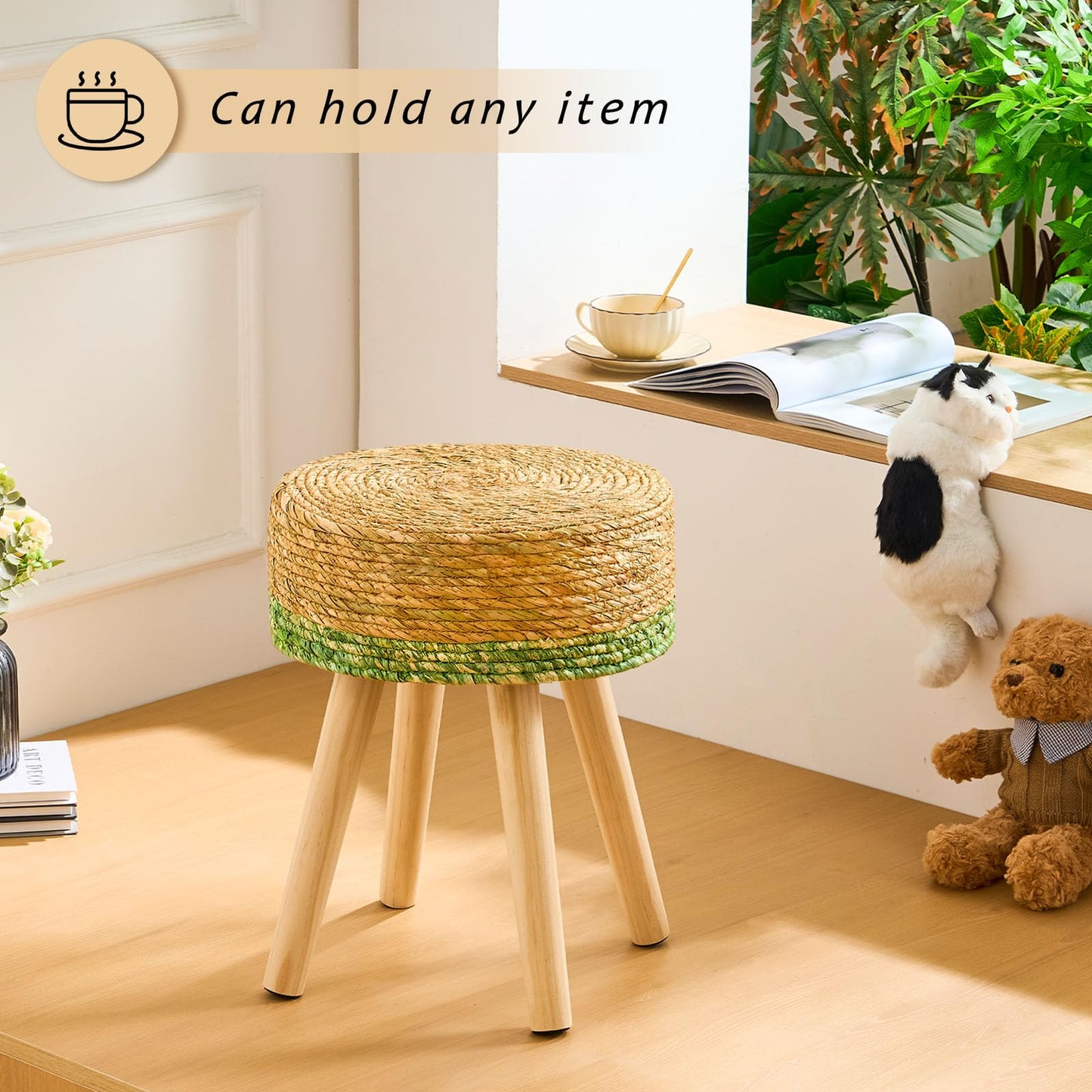 LGENHOOM Handwoven Outdoor Ottoman, Water Hyacinth Pouf Round Patio Footstool with Wood Legs, 17-Inch Multipurpose Vanity Stool, Dining Chair, Patio Footrest for Balcony and Garden, Green