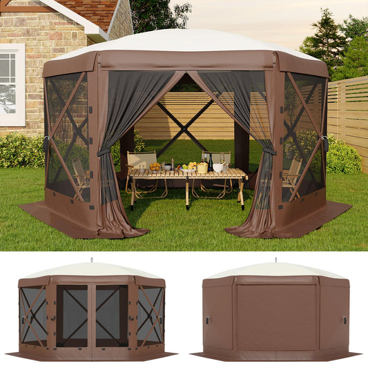 GarveeLife 11.5x11.5FT 6-Sided Pop Up Gazebo Tent，One-Push Setup Canopy Tent with Mesh Panels & Removable Wind Cloths, Outdoor shelter for Camping, Backyard Parties, Outdoor Events - Beige & Khaki