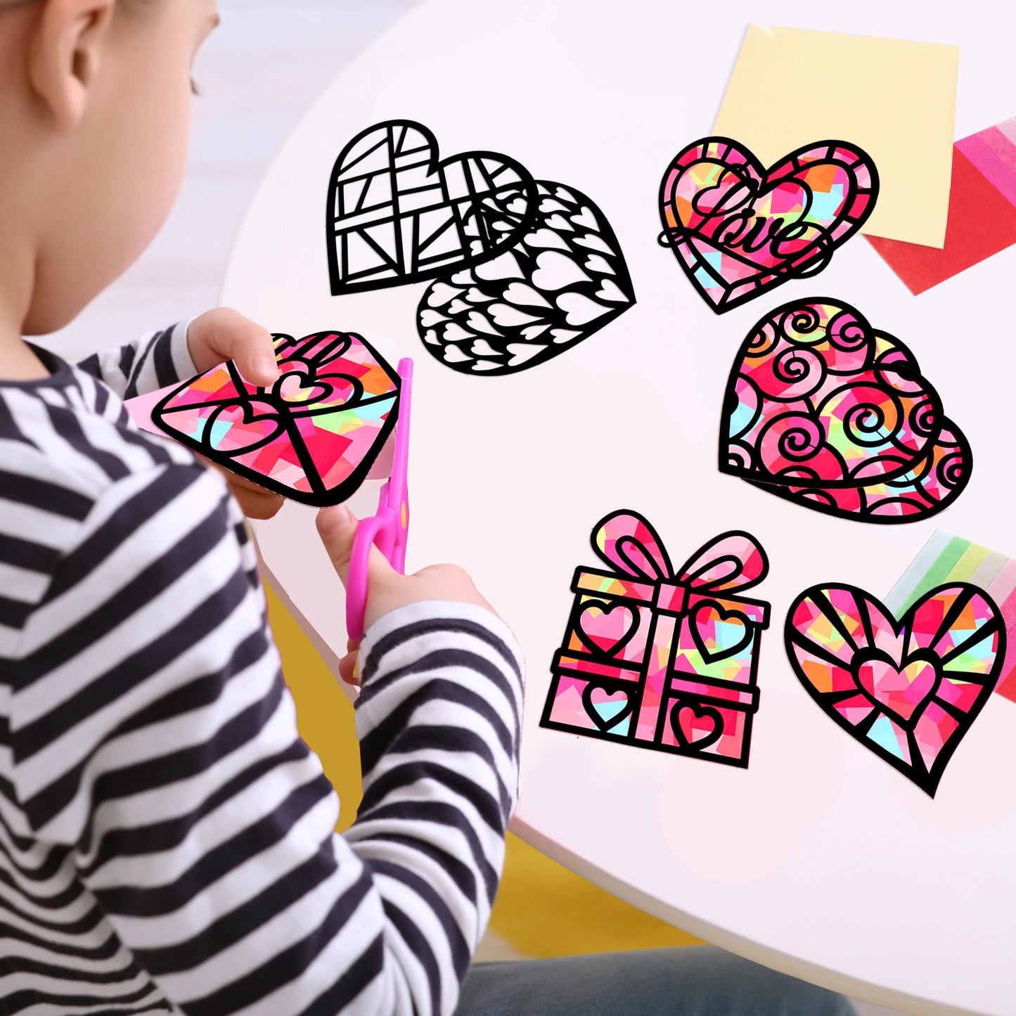 Renbuzhu 40PCS Valentines Day Crafts: Paper Heart Suncatchers, Christmas Valentine's Classroom DIY Kits, Window Stained Glass Effect Art Supplies