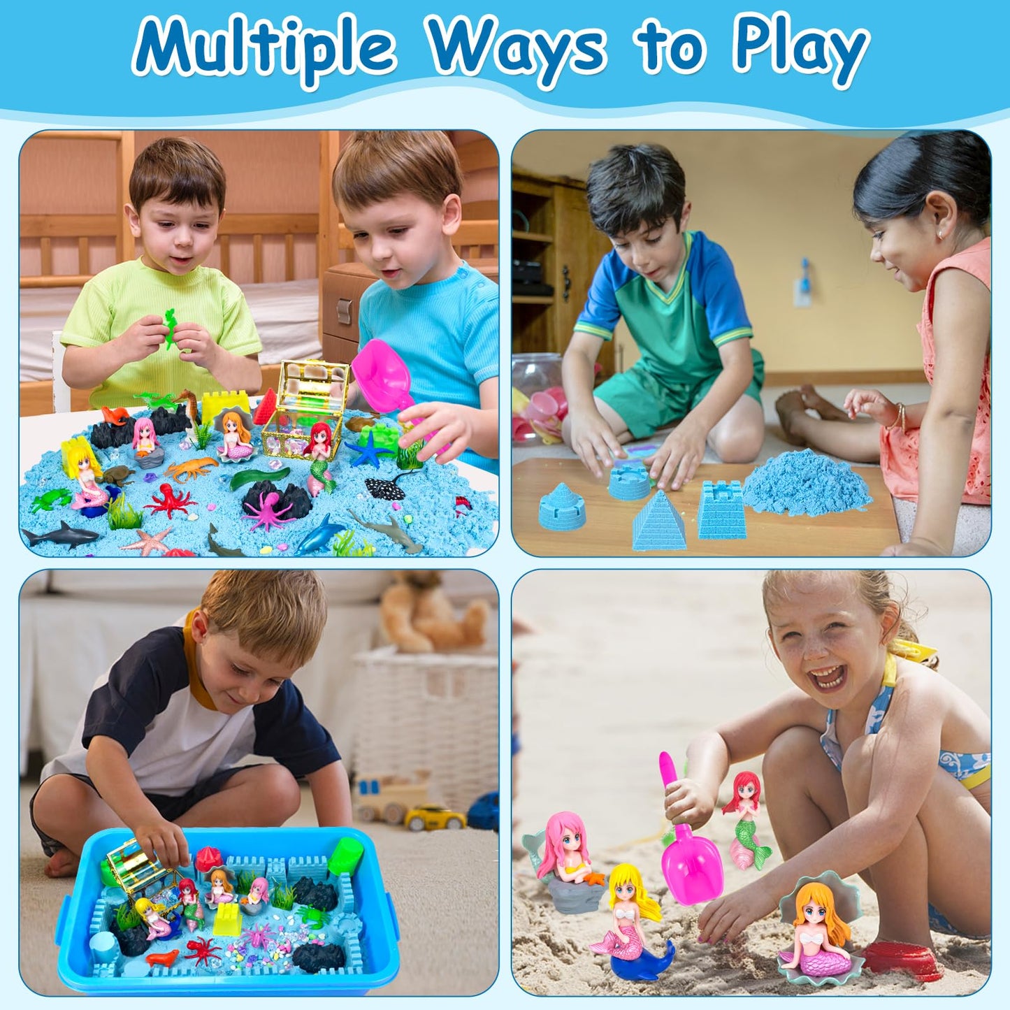 Bloolilies Sensory Bin, 57Pcs Ocean Mermaid Sensory Bins for Toddlers Sand Art Kit Sea Animals Molds Sandbox with Cover, Kids Play Sand Toys Playsand Birthday Gift for Boys Girls 3-5 6 7 8