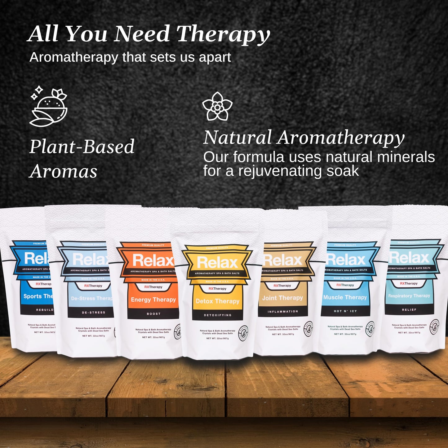 Relax Spa & Bath, Epsom & Dead Sea Salts, Aromatherapy Bath Salts for Hot Tub, Bath, or Spa, Infused with Magnesium, 32 oz Each, 7 Pack RX Therapy
