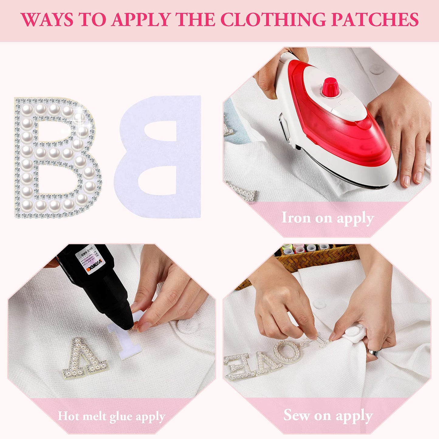 Waydress 26 Piece Rhinestone Iron on Patch A to Z Letter Appliques Adhesive White Pink Colorful Pearl Bling Patch Glitter Alphabet Embellishments for DIY Craft Supplies(Solid White)
