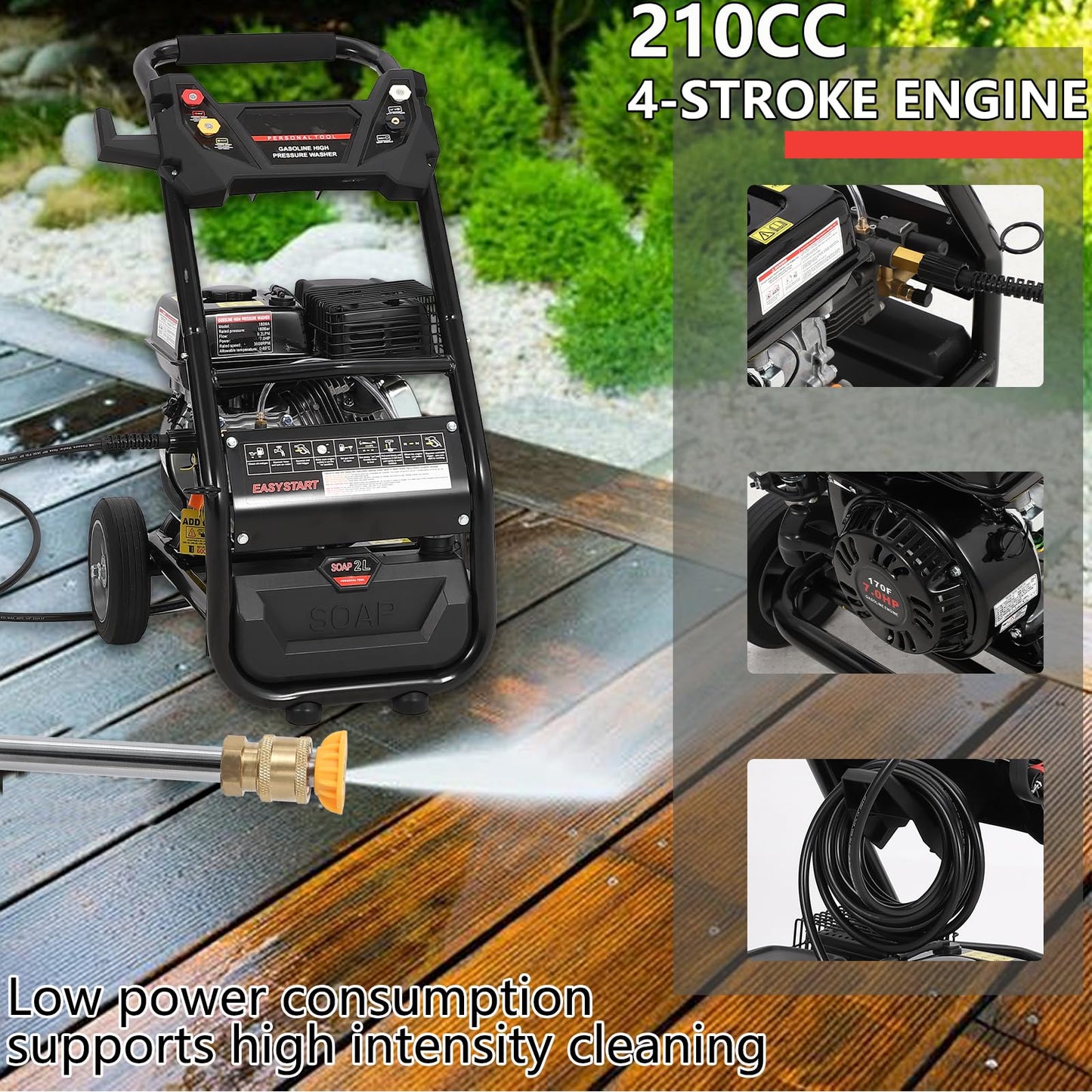 Gas Pressure Washer - 3600 PSI, 2.6 Max GPM, High Pressure Washer with 4 Quick Connect Nozzles & Soap Nozzle, Ideal for Cars, Fences, Driveways, Homes, Patios, and Furniture